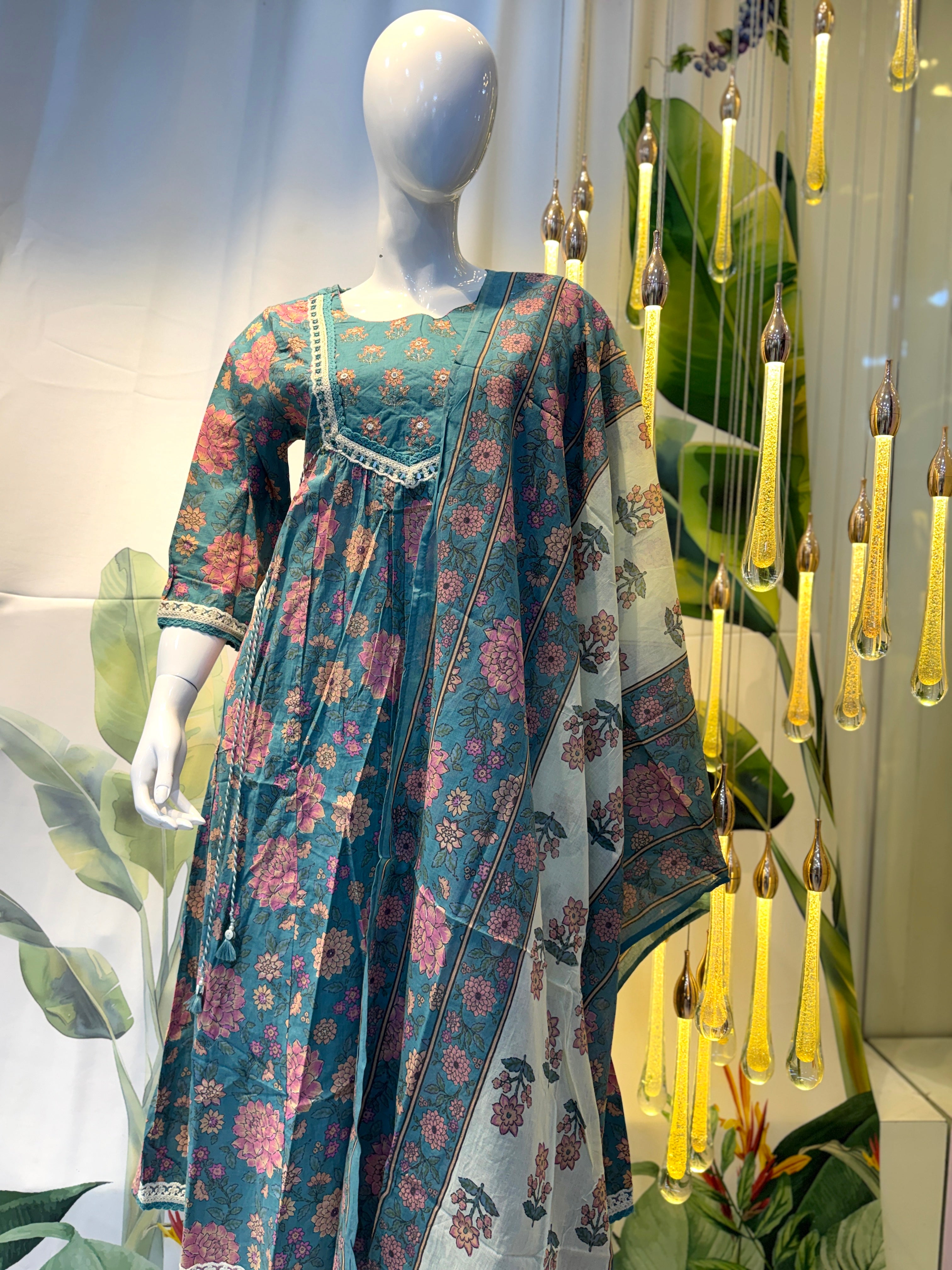 Blue Floral Printed Kurta Set with Contrast Dupatta