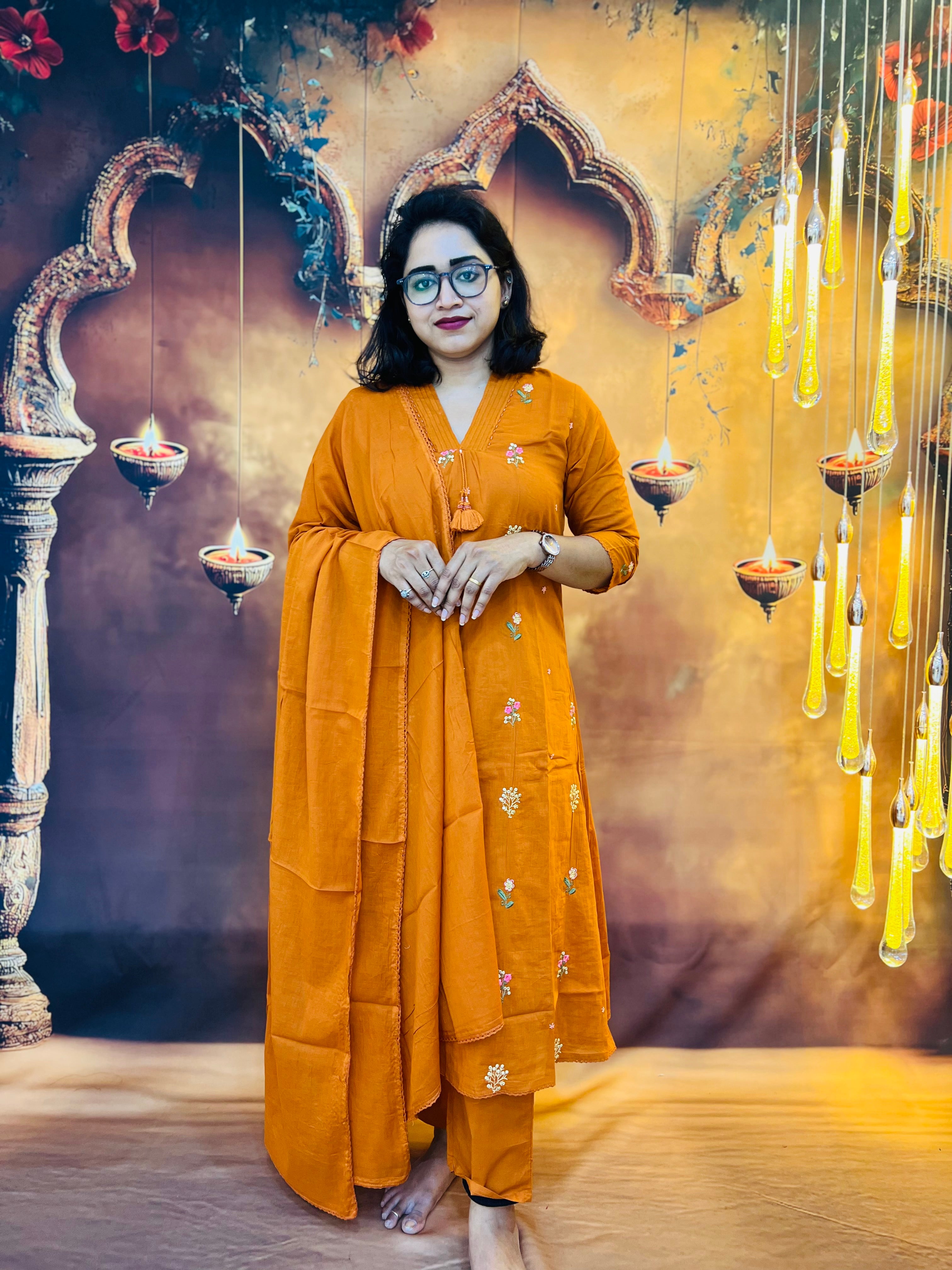 Rust Orange Cotton Kurti Set