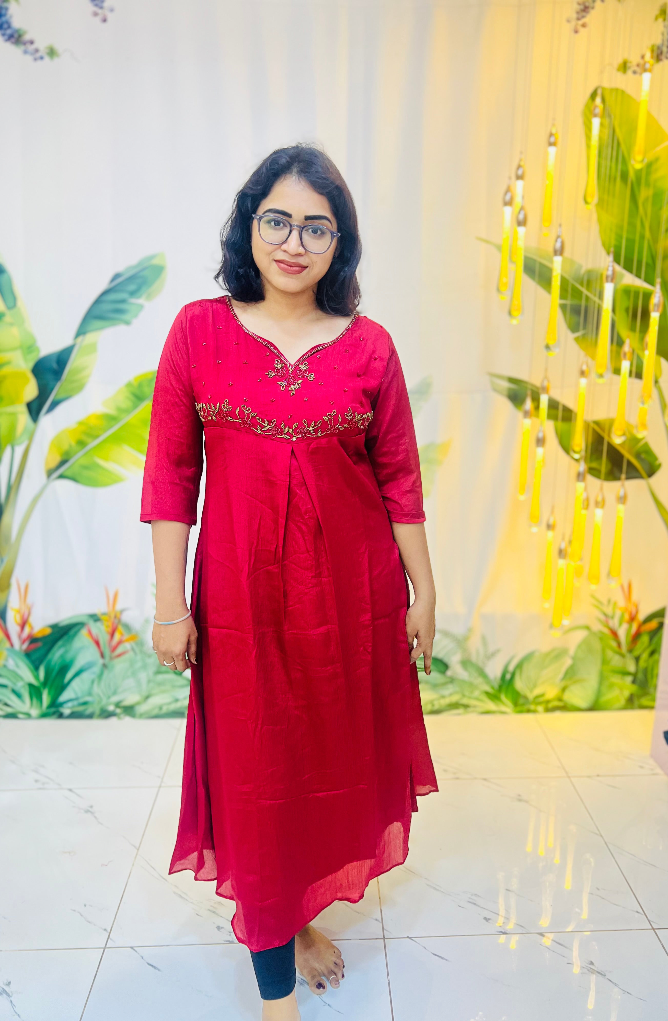 Brick Red Georgette bead work A-line kurti