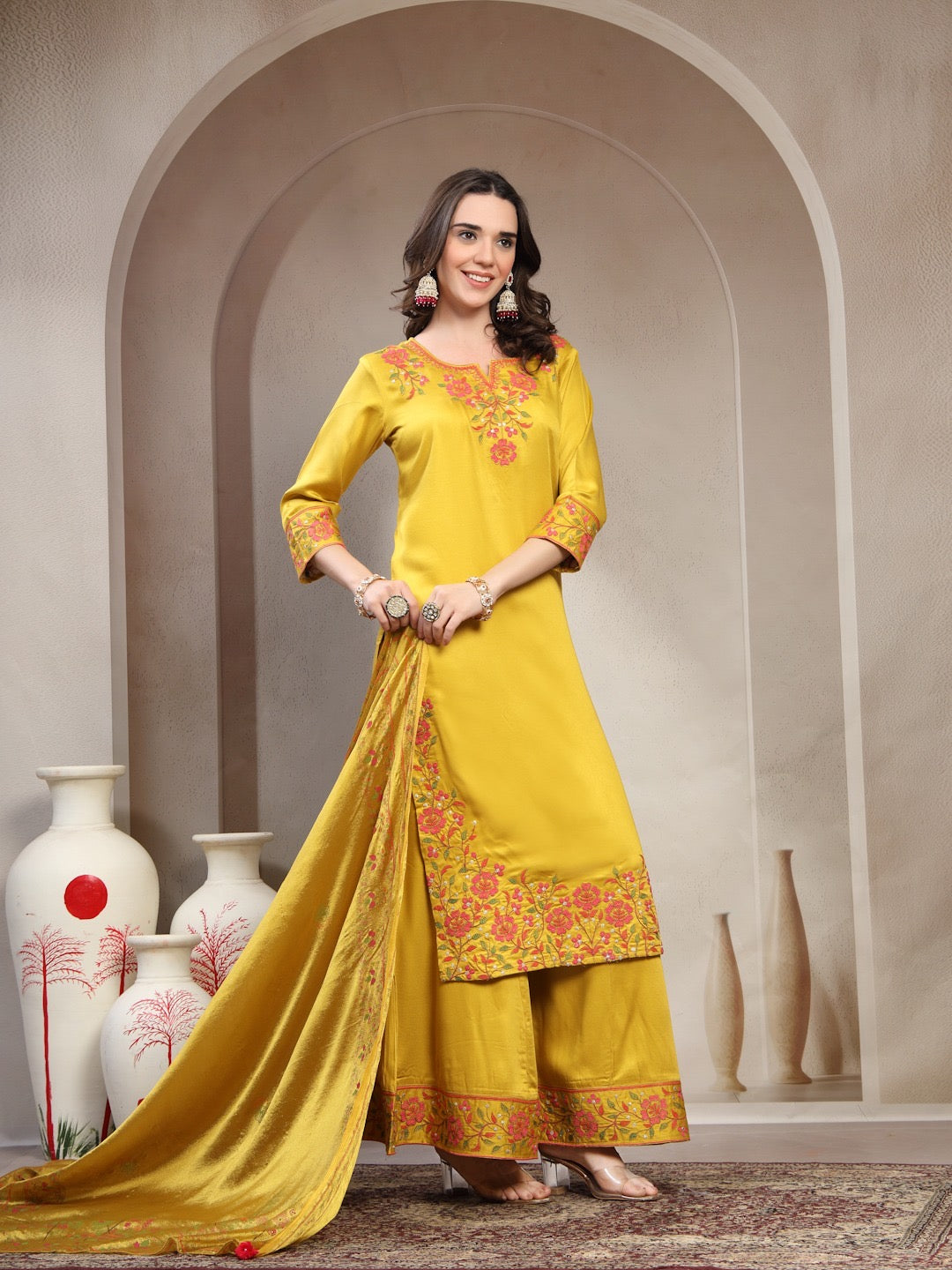 Mustard Yellow Embroidered Kurta with Palazzo & Silk Dupatta
