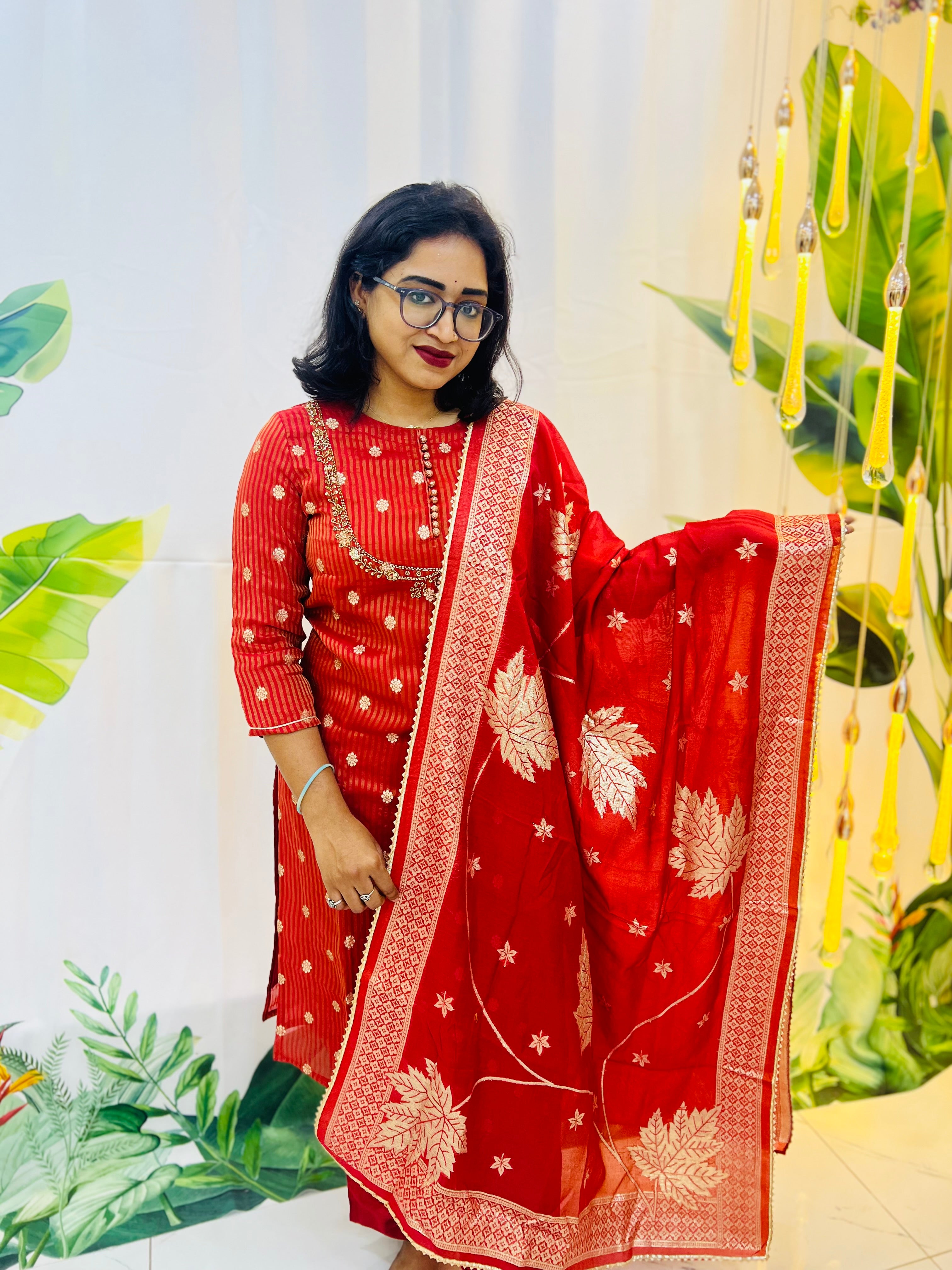 Elegant Red Golden Zari Festive Suit