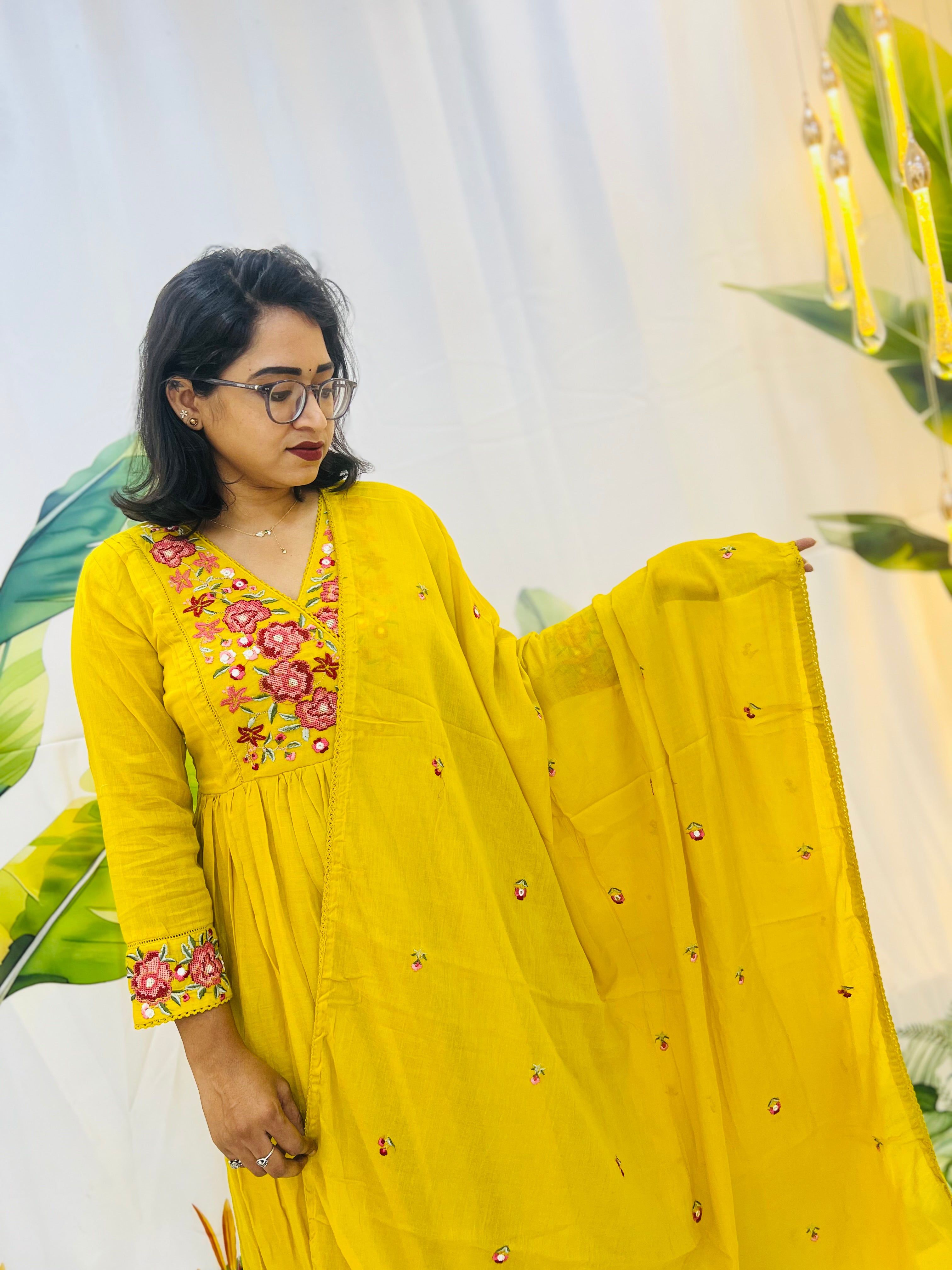 Mustard Yellow Mul Cotton Anarkali with Floral Hand Embroidery 🌼✨