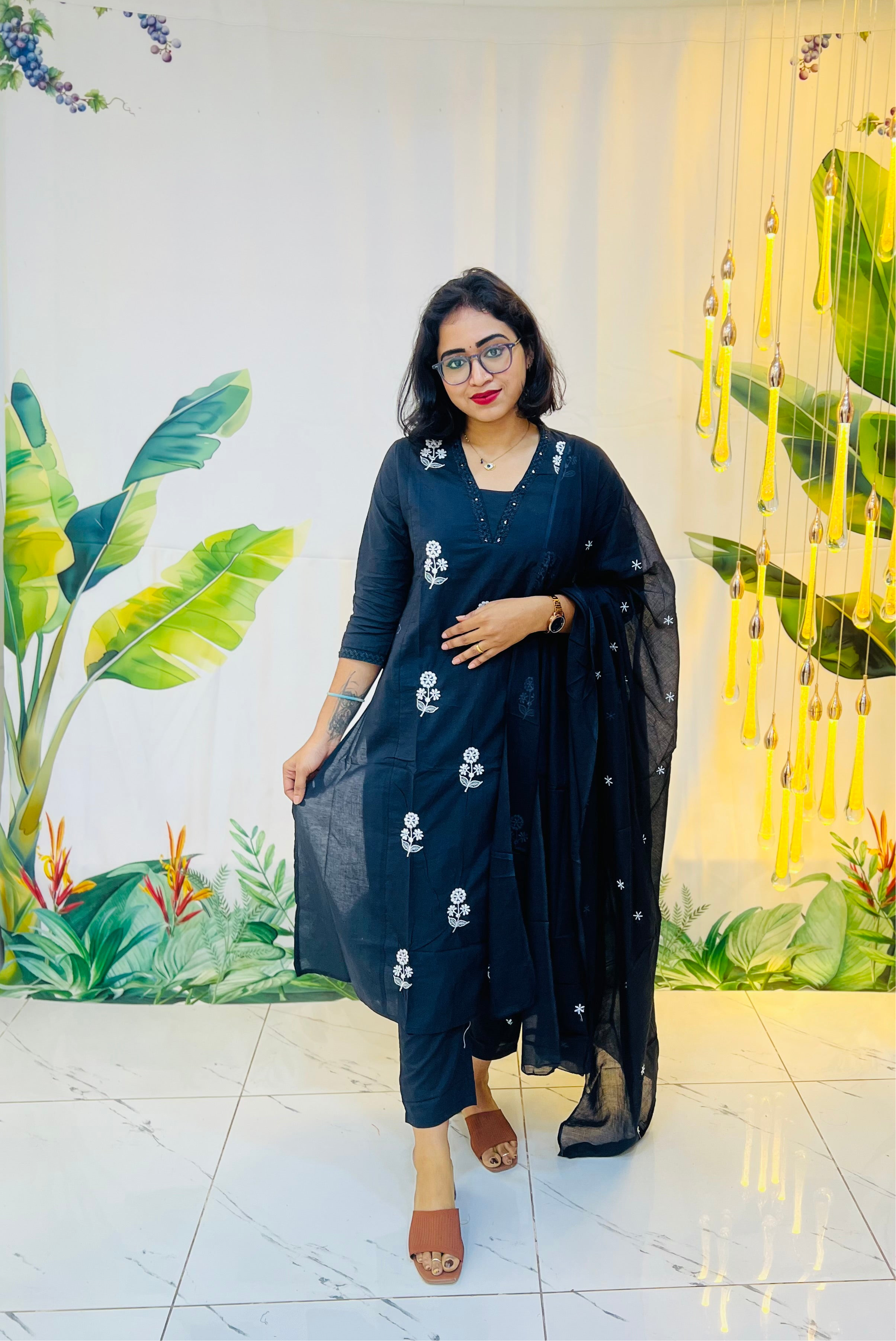 Black Cotton Floral Embroidery Dress