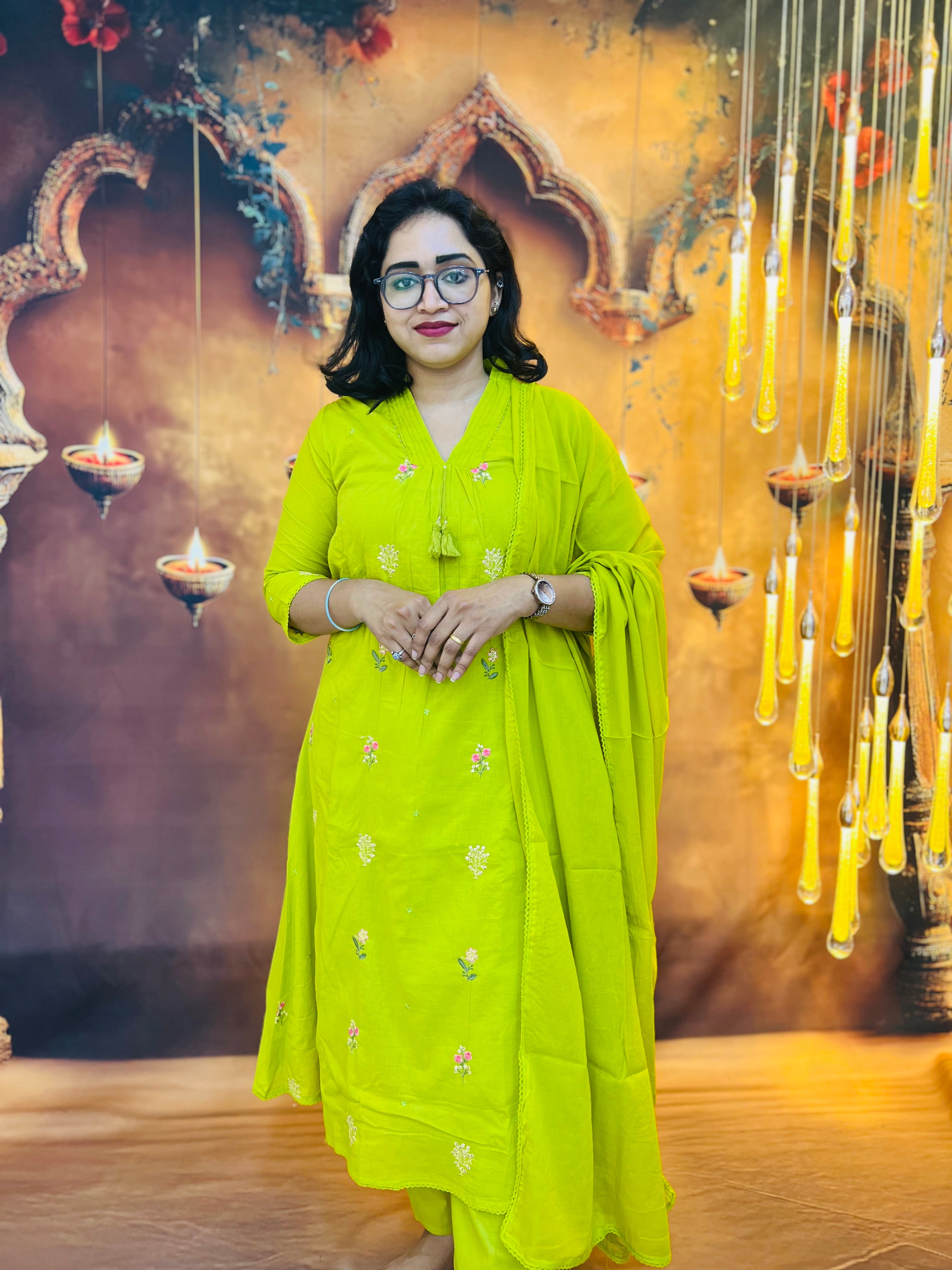 Green Bloom Cotton Kurti Set