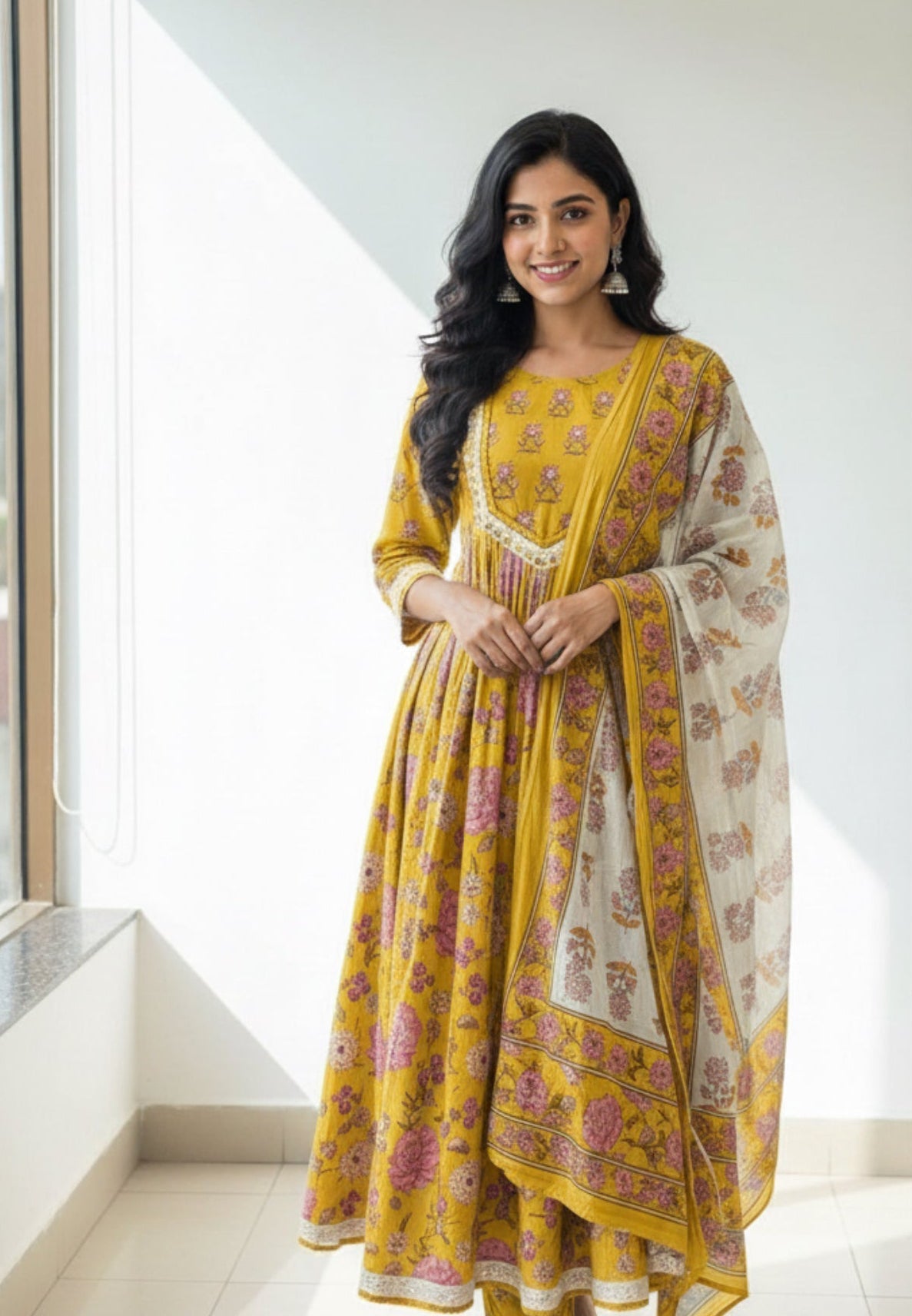 Mustard Yellow Floral Printed Kurta Set with Contrast Dupatta
