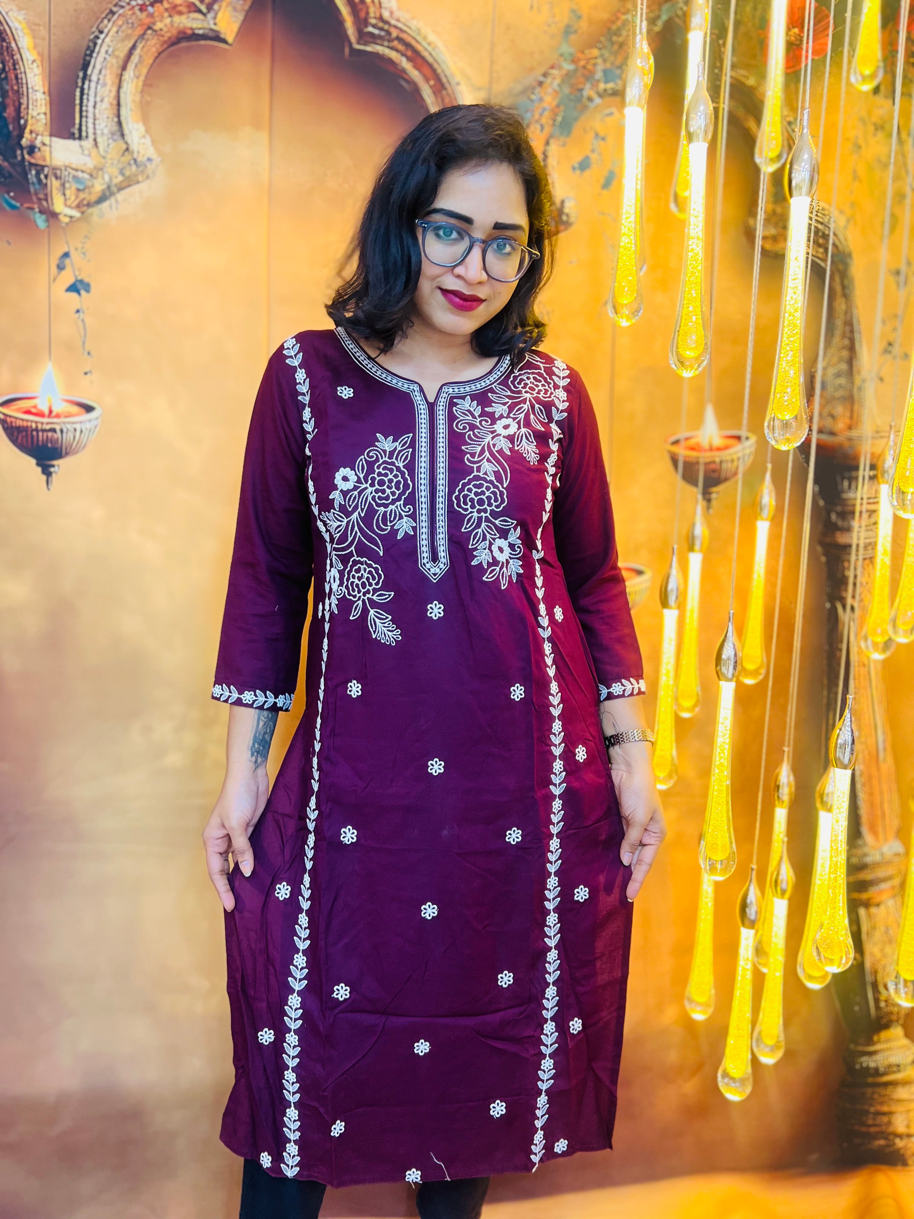 Dark Purple Floral Embroidered Kurti
