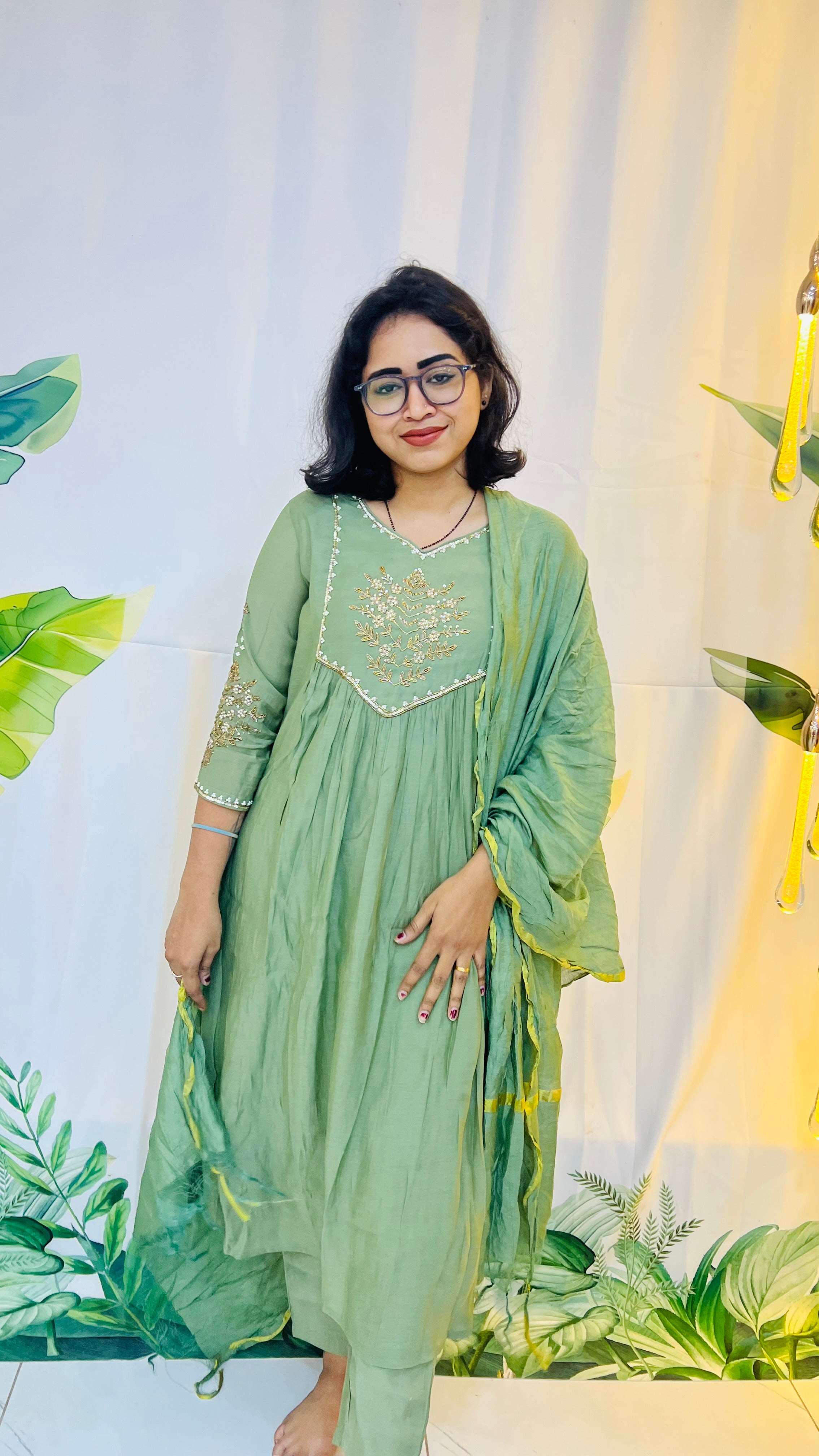 Pista Green Pure Mul Chanderi Set with Fancy Dupatta