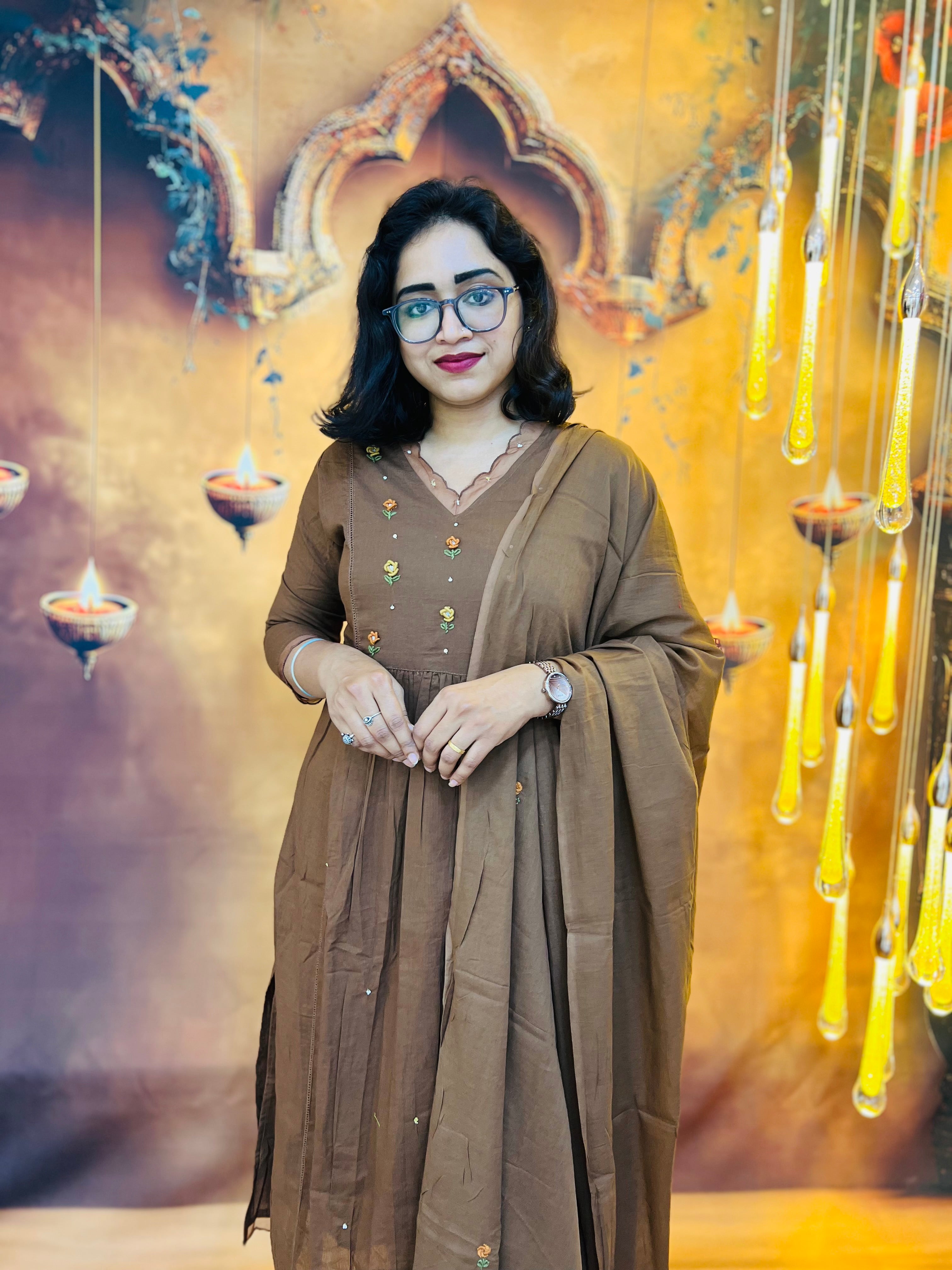 Mocha Brown Grace Embroidered Kurti Set