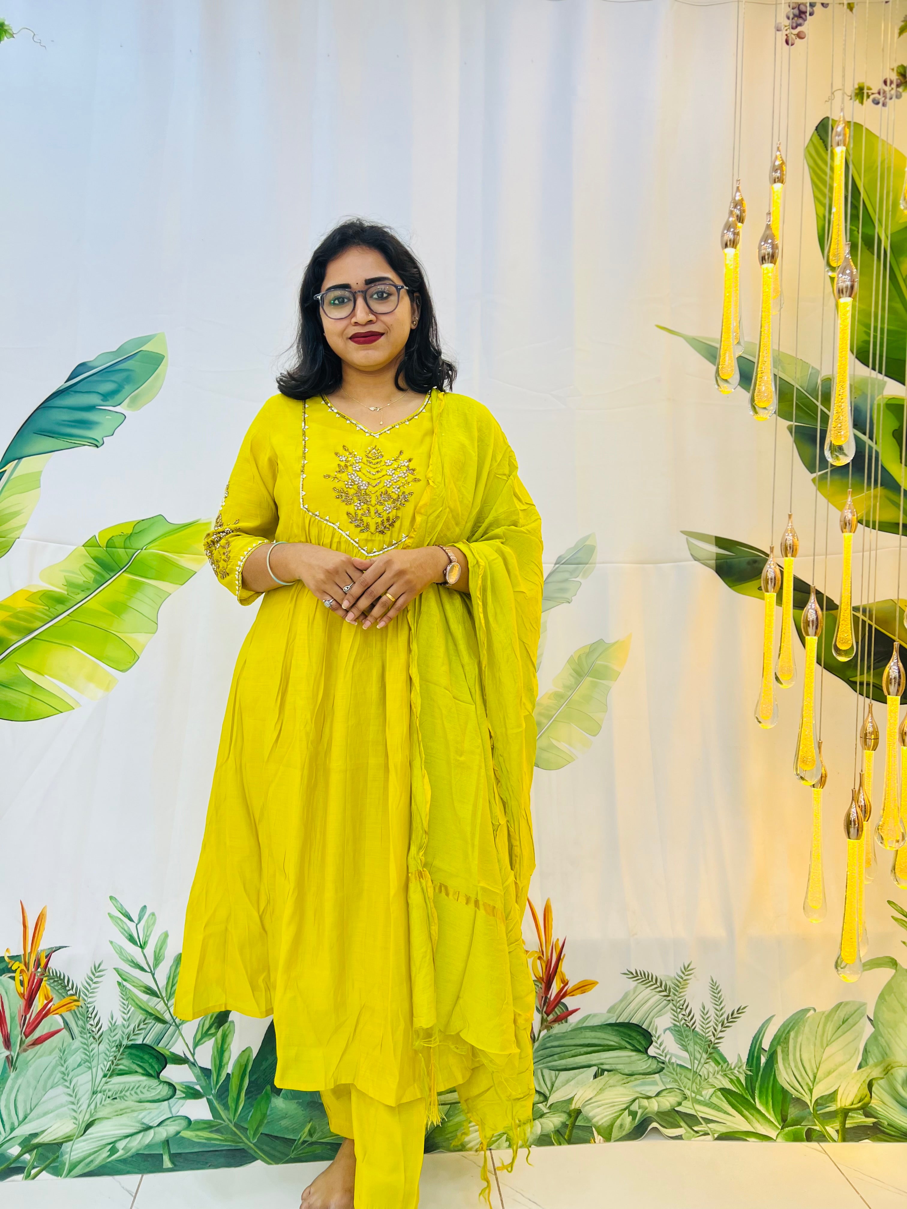 Sunshine Yellow A-Line Dress with Elegant Handwork ☀️✨