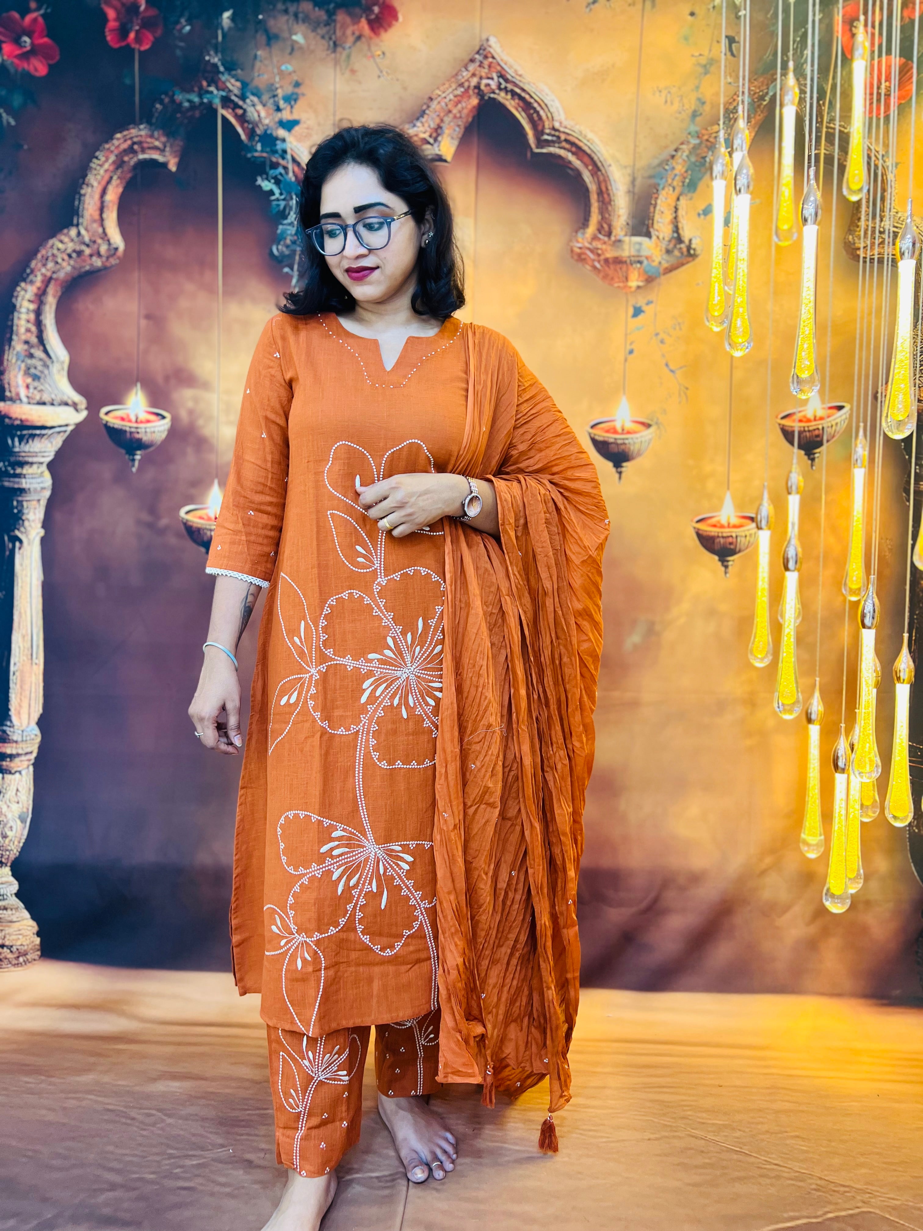 Rust Orange 3pc Kurti Set in Slub Cotton