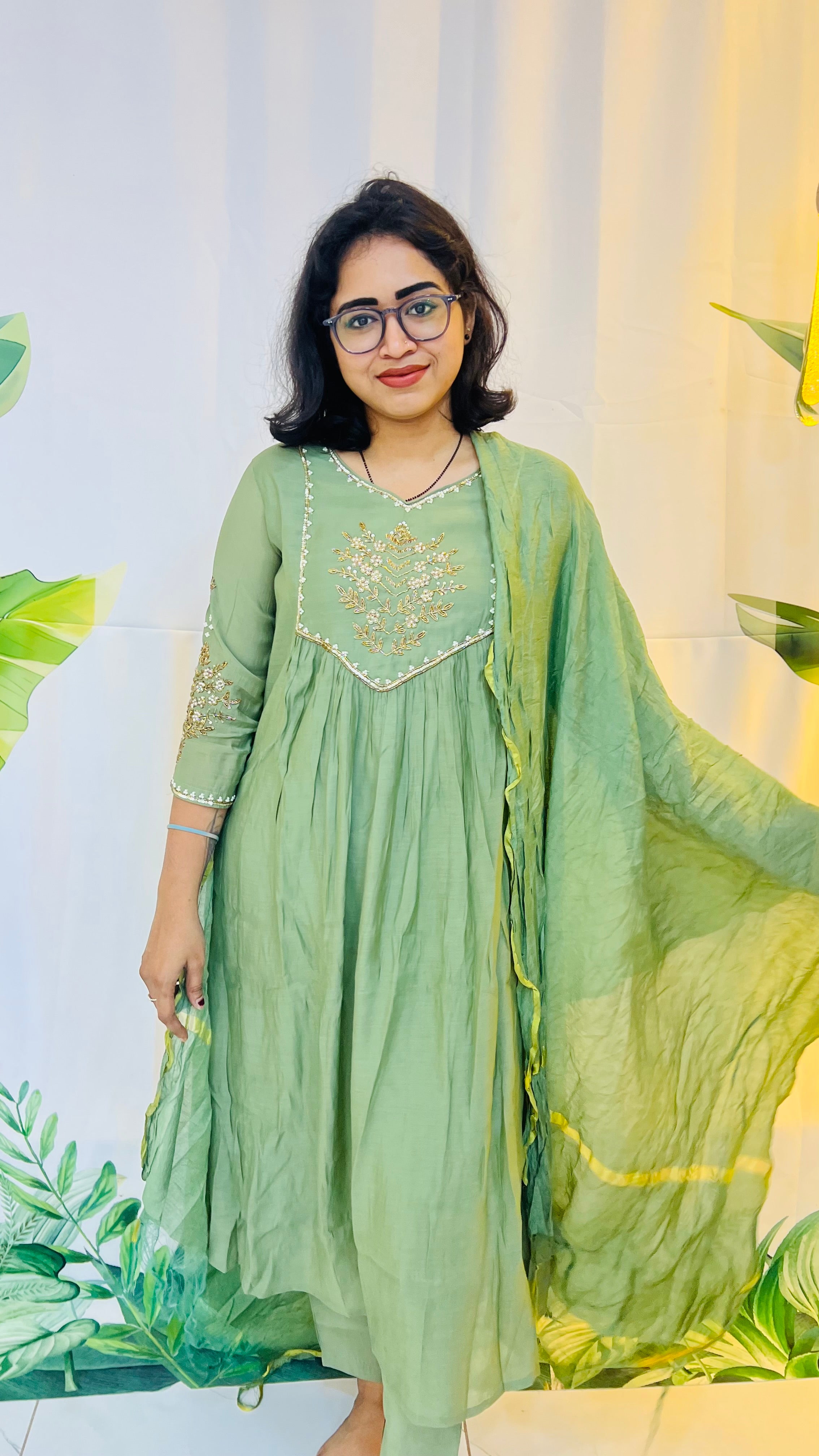 Pista Green Pure Mul Chanderi Set with Fancy Dupatta