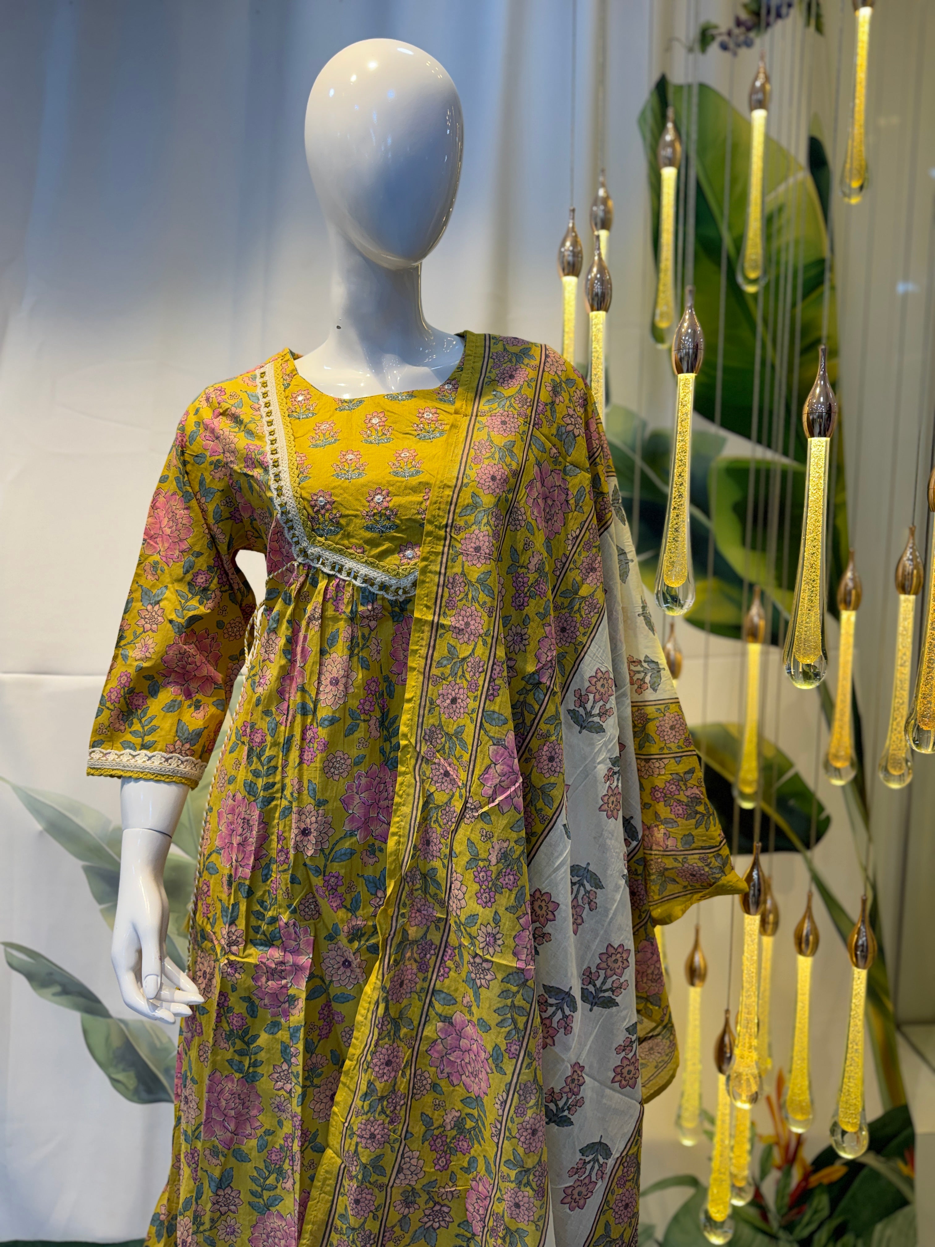 Mustard Yellow Floral Printed Kurta Set with Contrast Dupatta