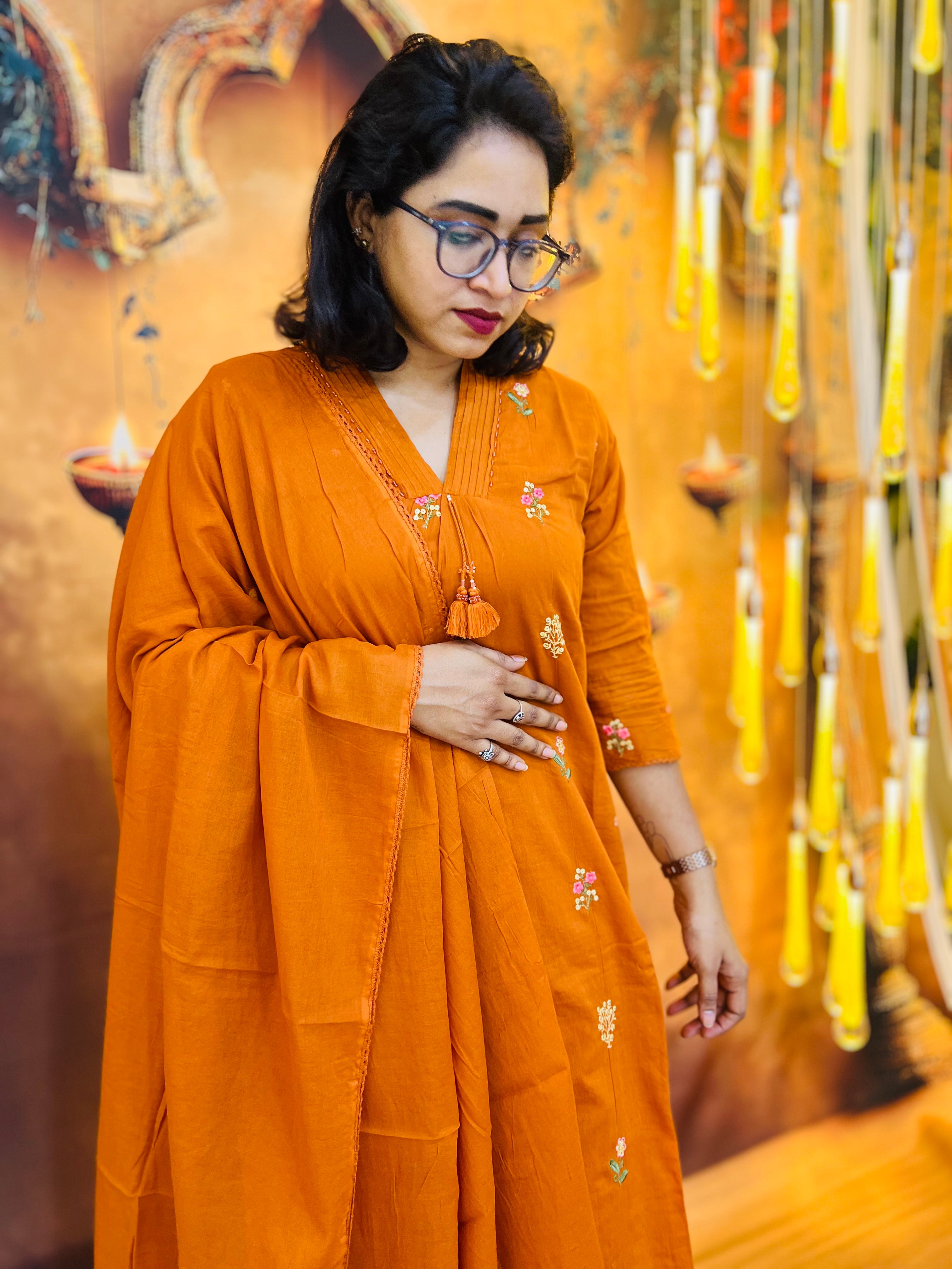 Rust Orange Cotton Kurti Set
