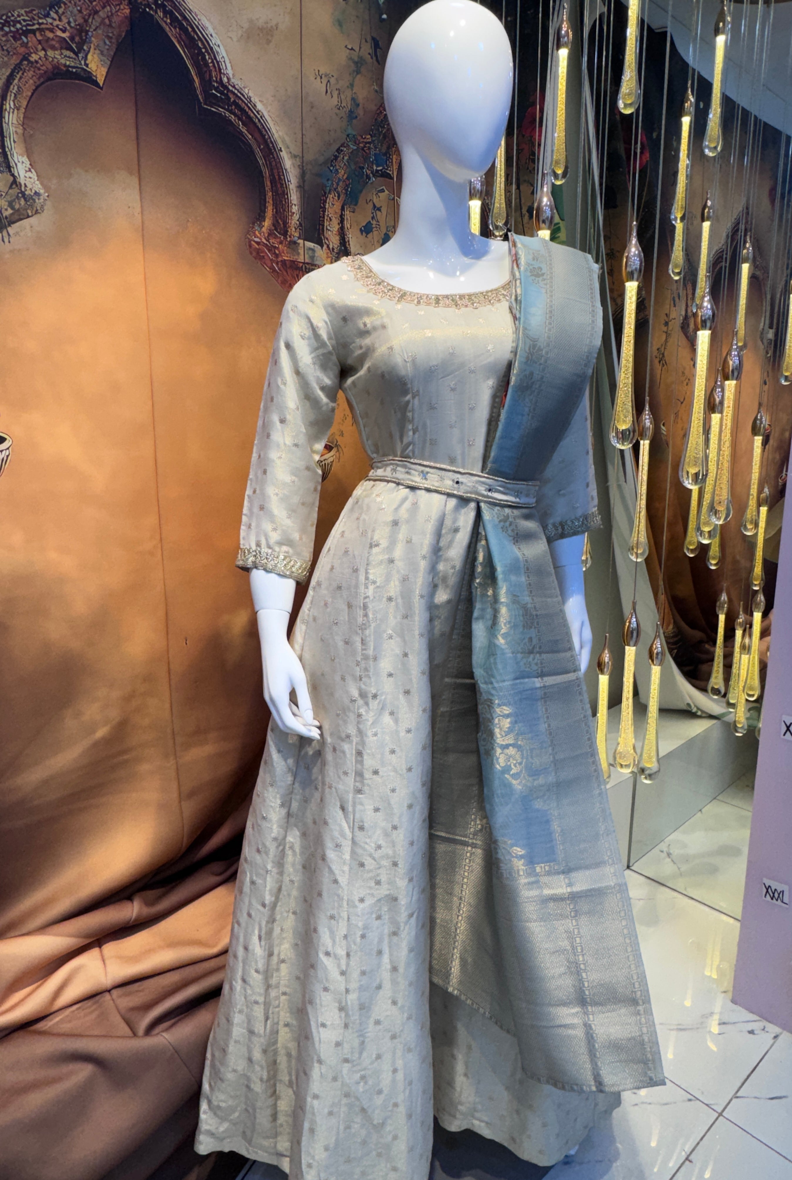 Regal Ivory Anarkali with Sky Blue Dupatta