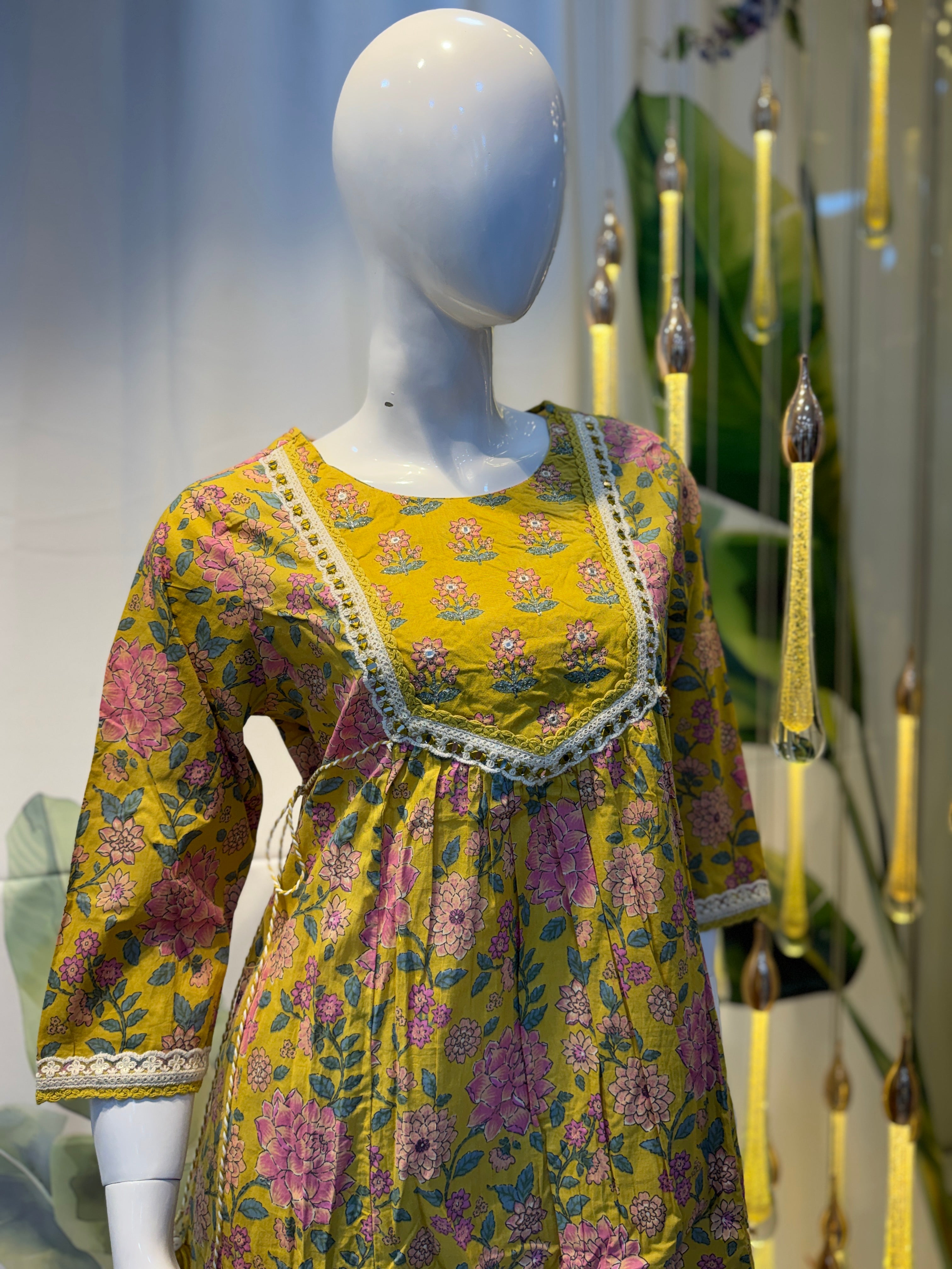 Mustard Yellow Floral Printed Kurta Set with Contrast Dupatta