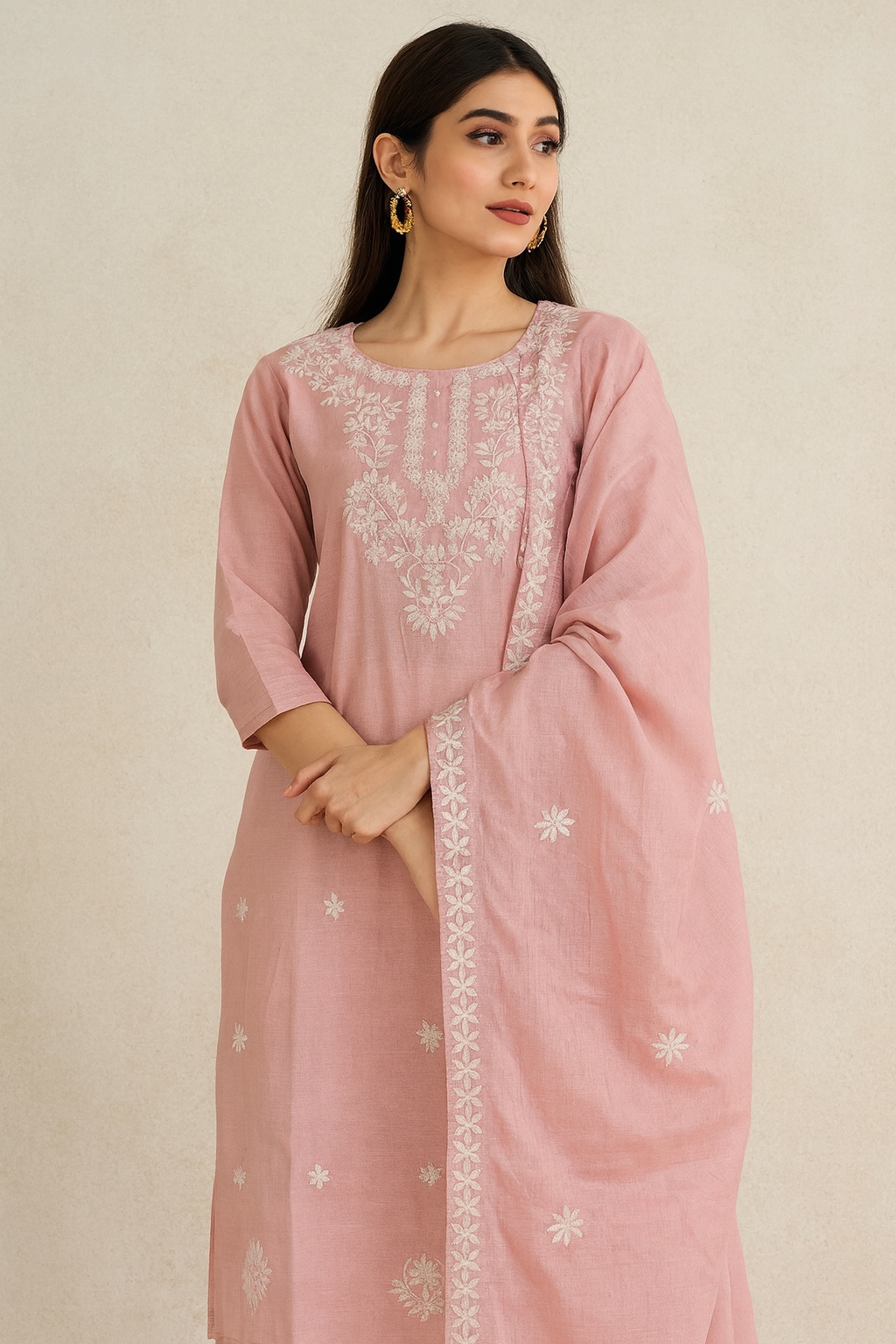 🌸 Soft Pink Embroidered Kurta Set with Matching Dupatta