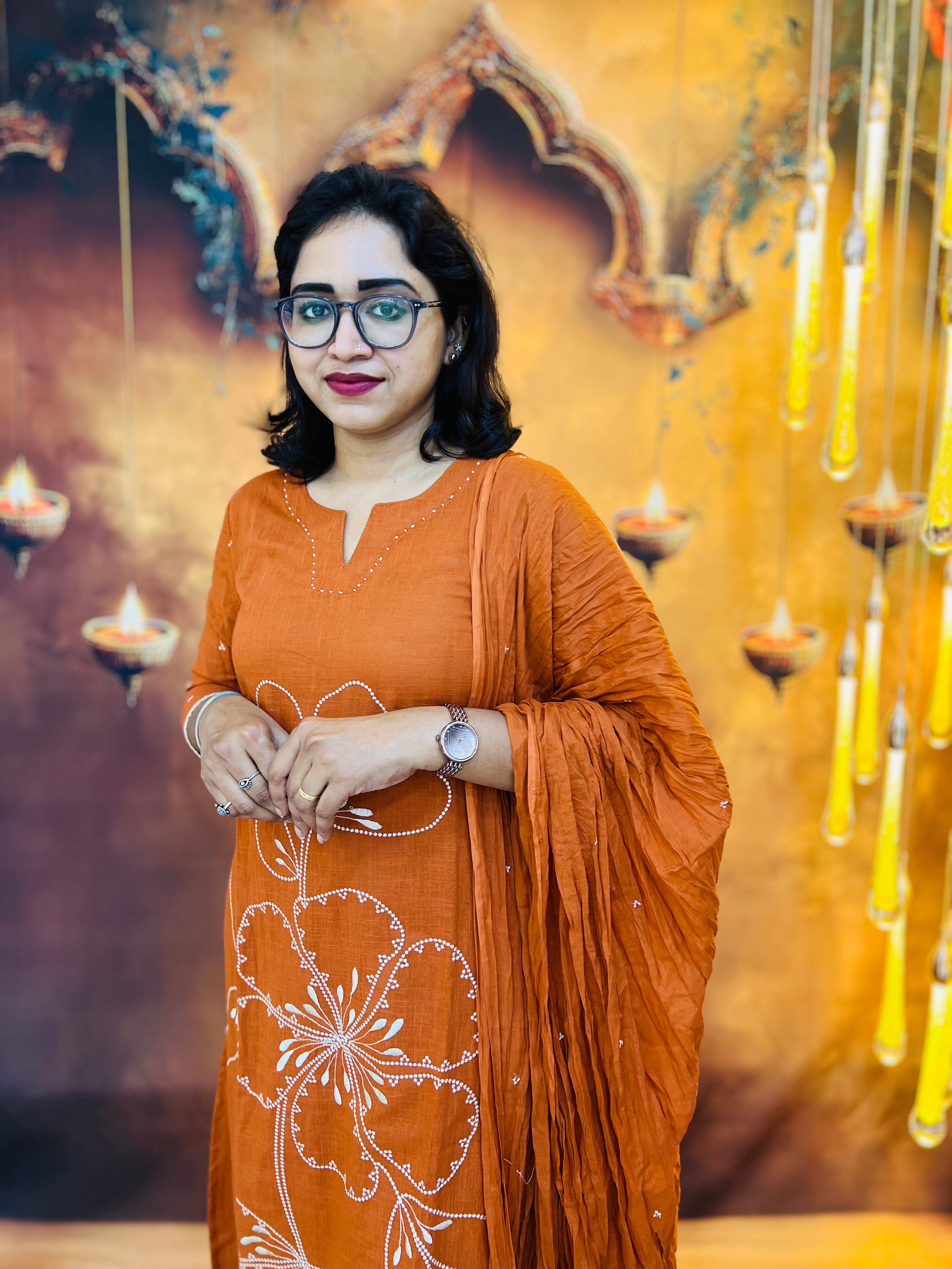 Rust Orange 3pc Kurti Set in Slub Cotton