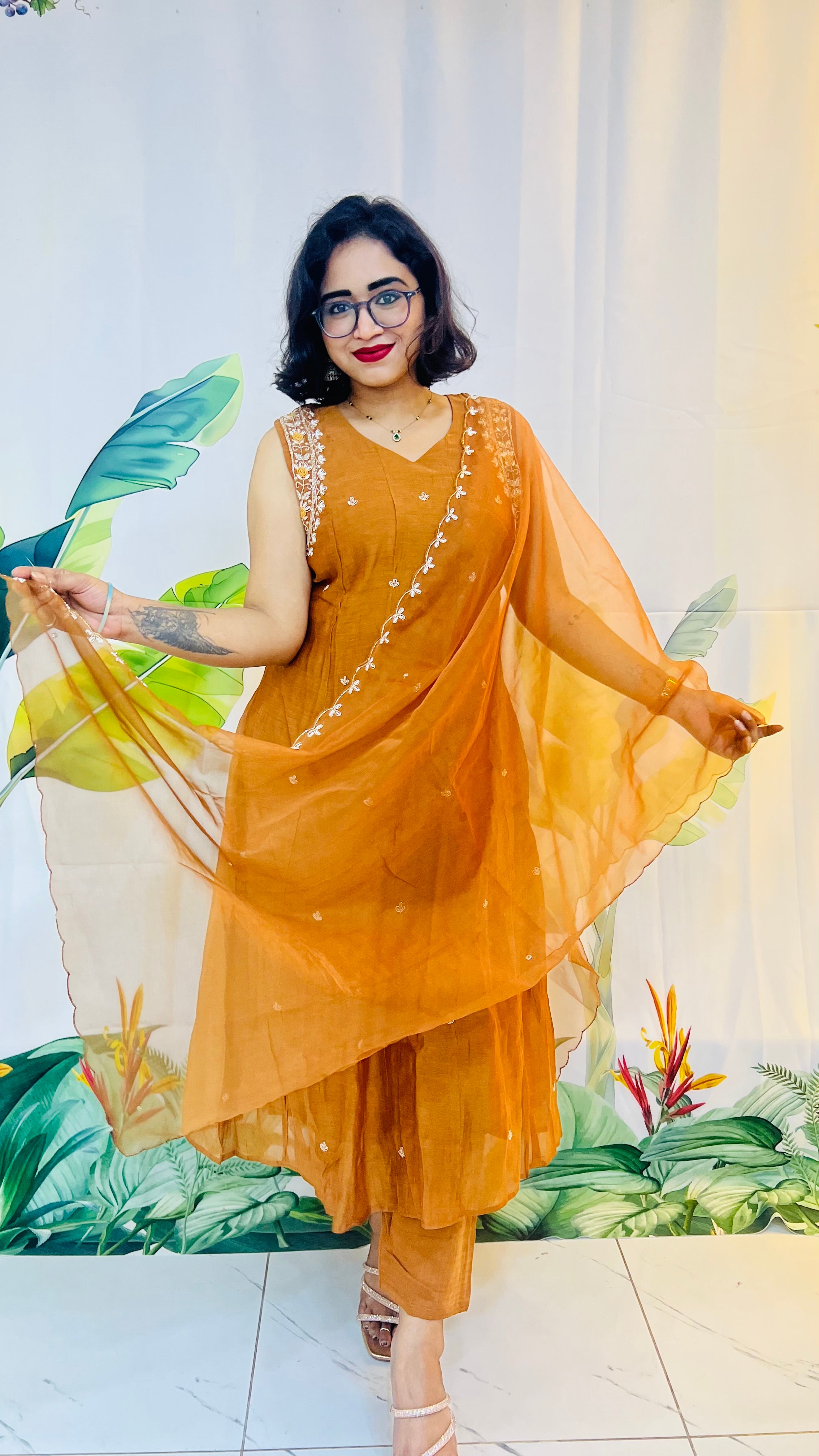 Golden Hour Glow: The Sleeveless Rust-Orange Kurta Set