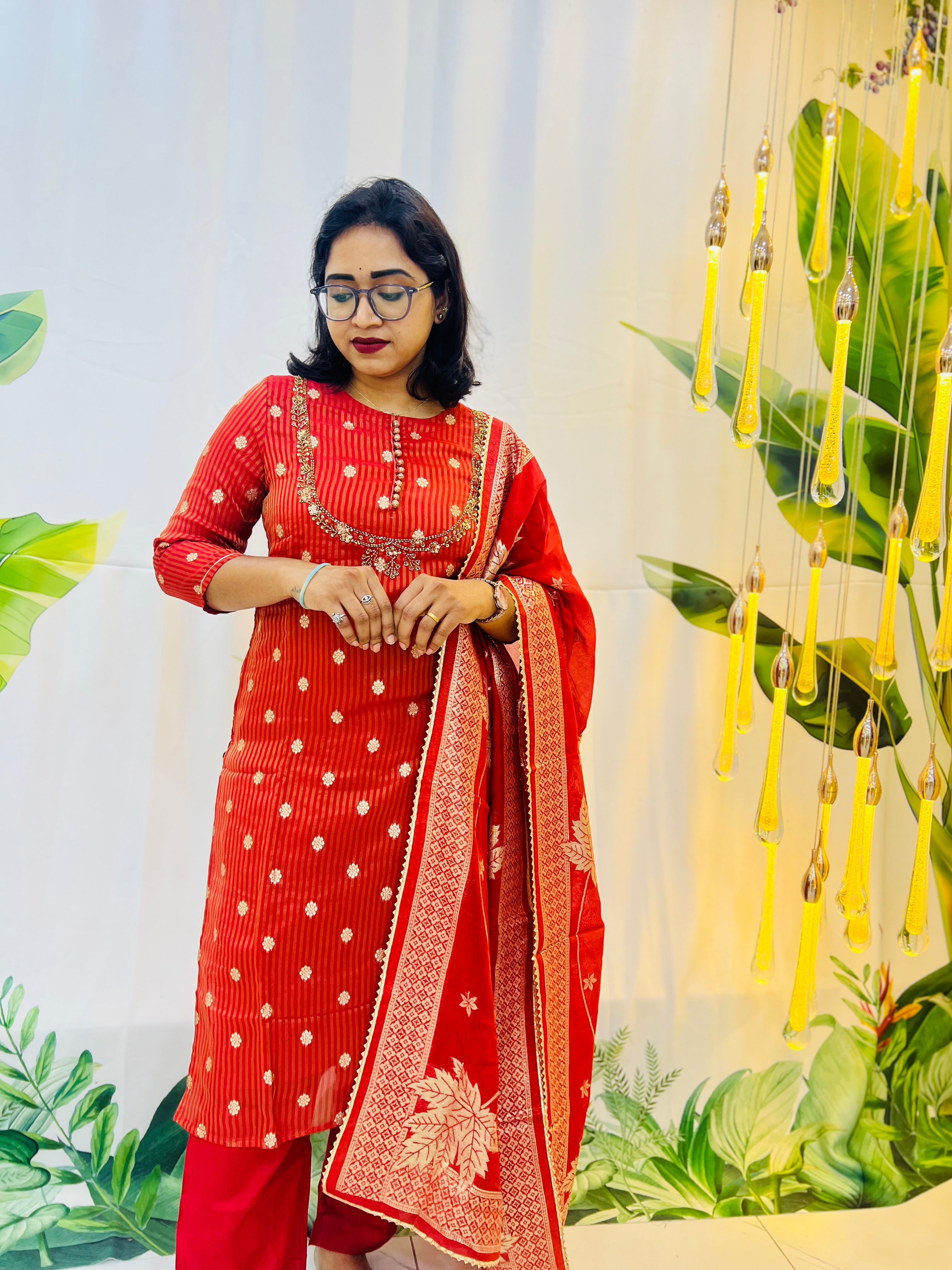 Elegant Red Golden Zari Festive Suit