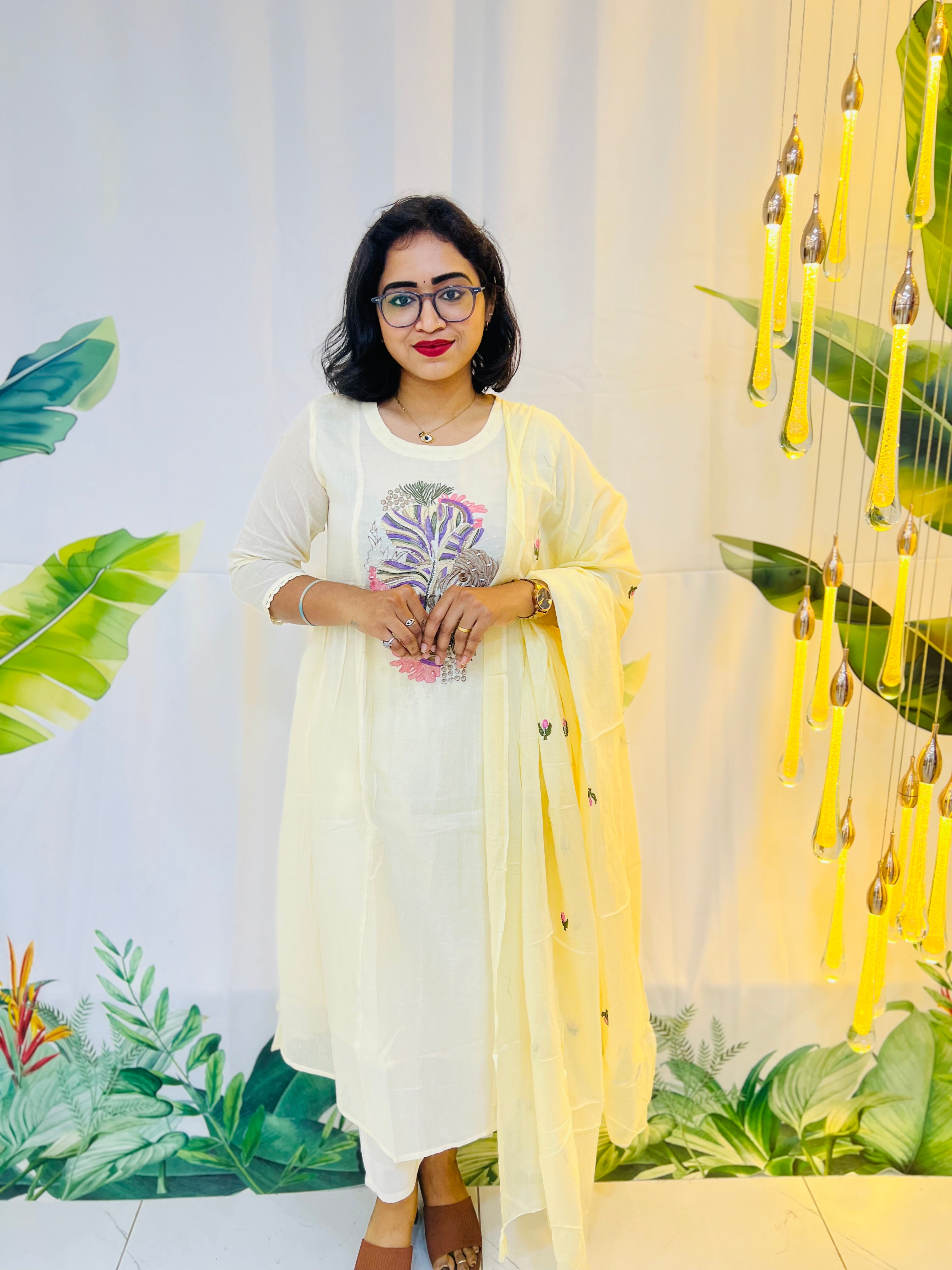 Ethereal Cream Pure Mul Cotton A-Line Dupatta Set