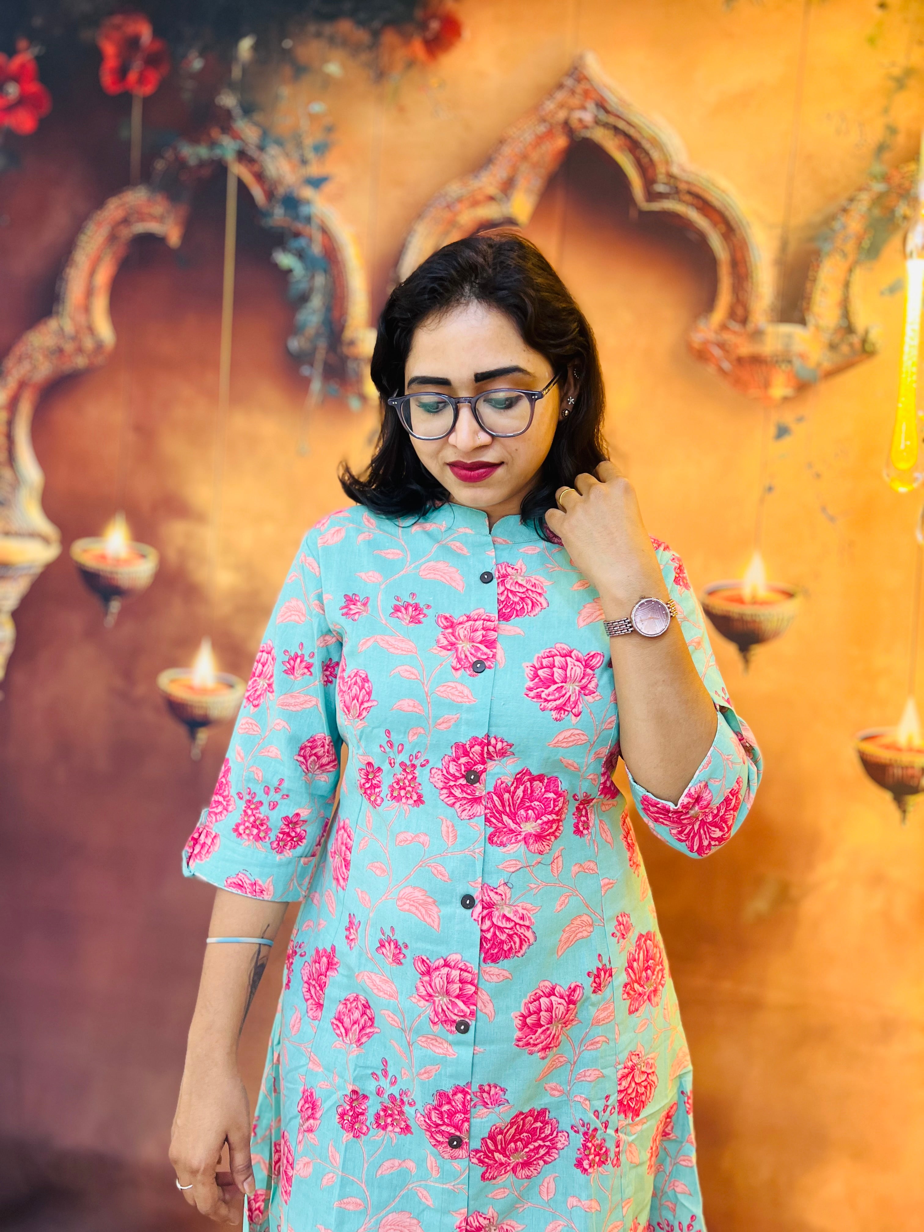 Aqua Bloom Cotton Kurti 🌺