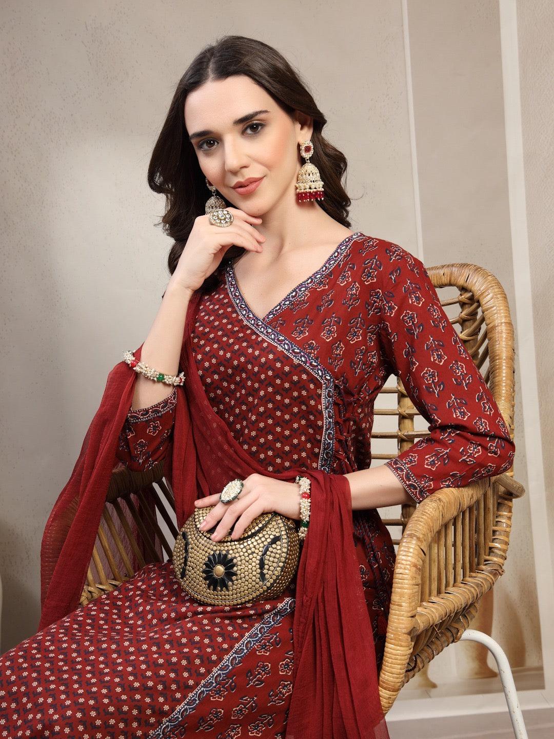 Maroon Printed Ethnic Kurta Set with Flared Pants & Chiffon Dupatta