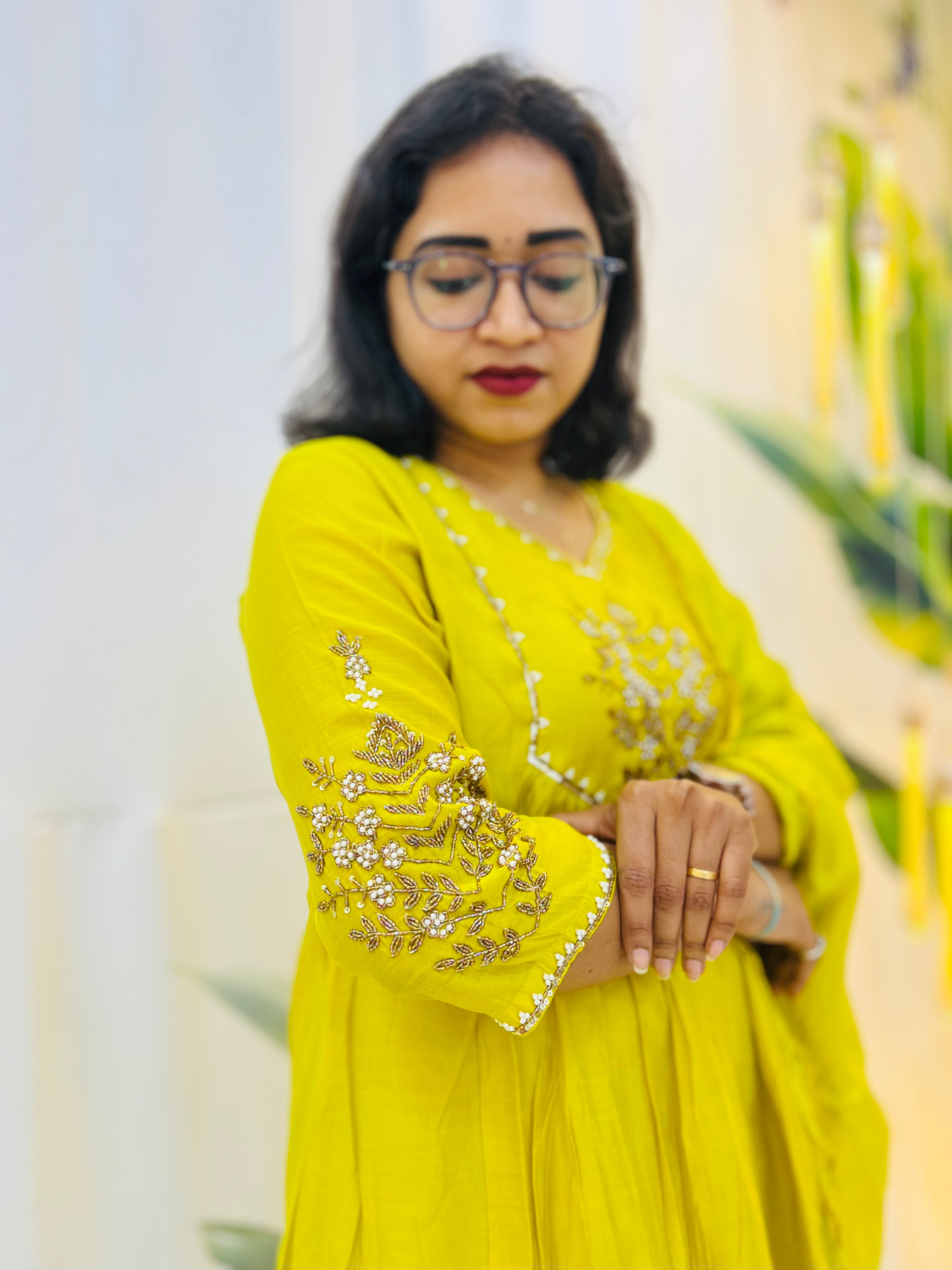 Sunshine Yellow A-Line Dress with Elegant Handwork ☀️✨