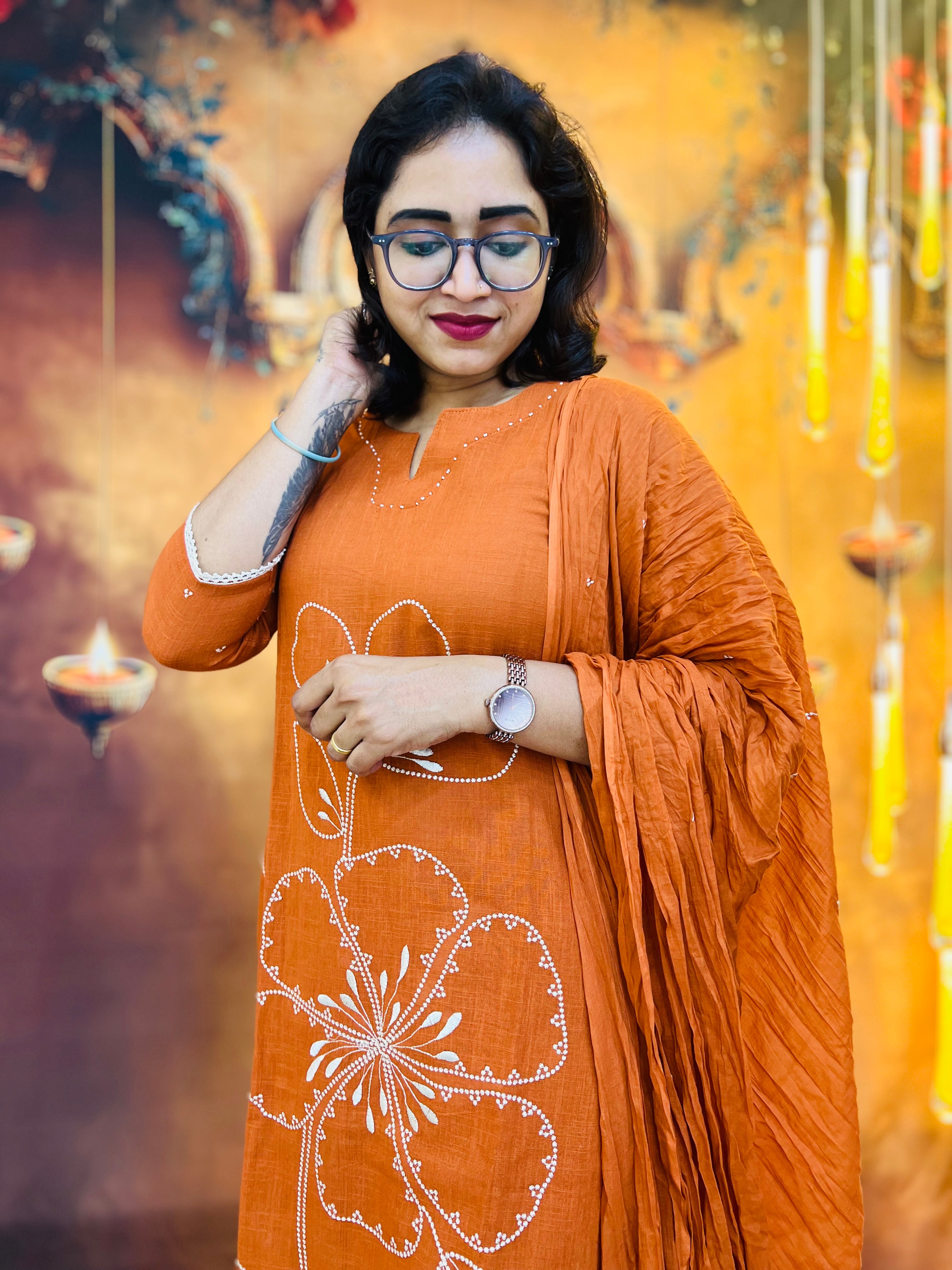 Rust Orange 3pc Kurti Set in Slub Cotton