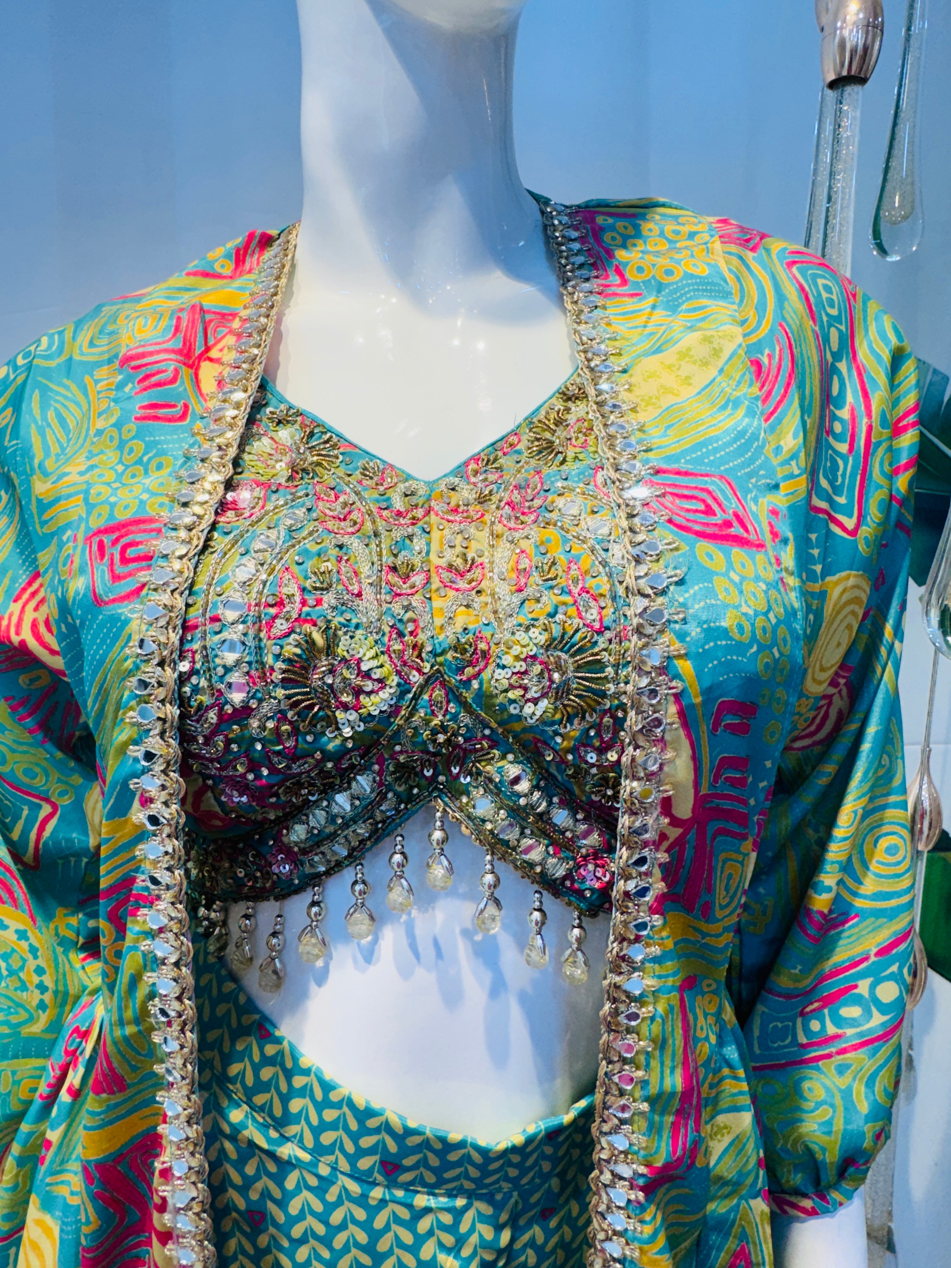 Aqua Indo-Western Crop Top with Palazzo and Overcoat