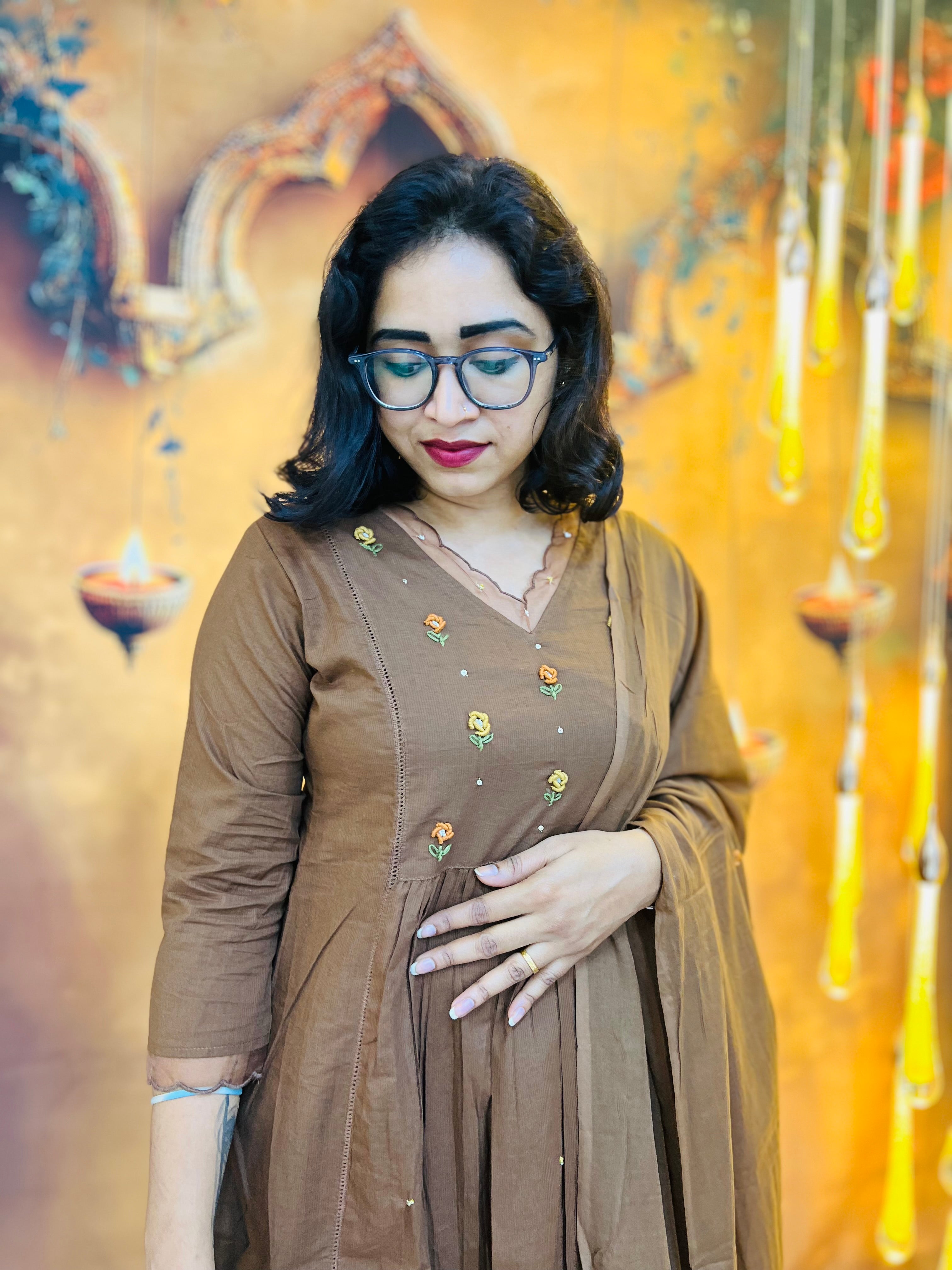 Mocha Brown Grace Embroidered Kurti Set