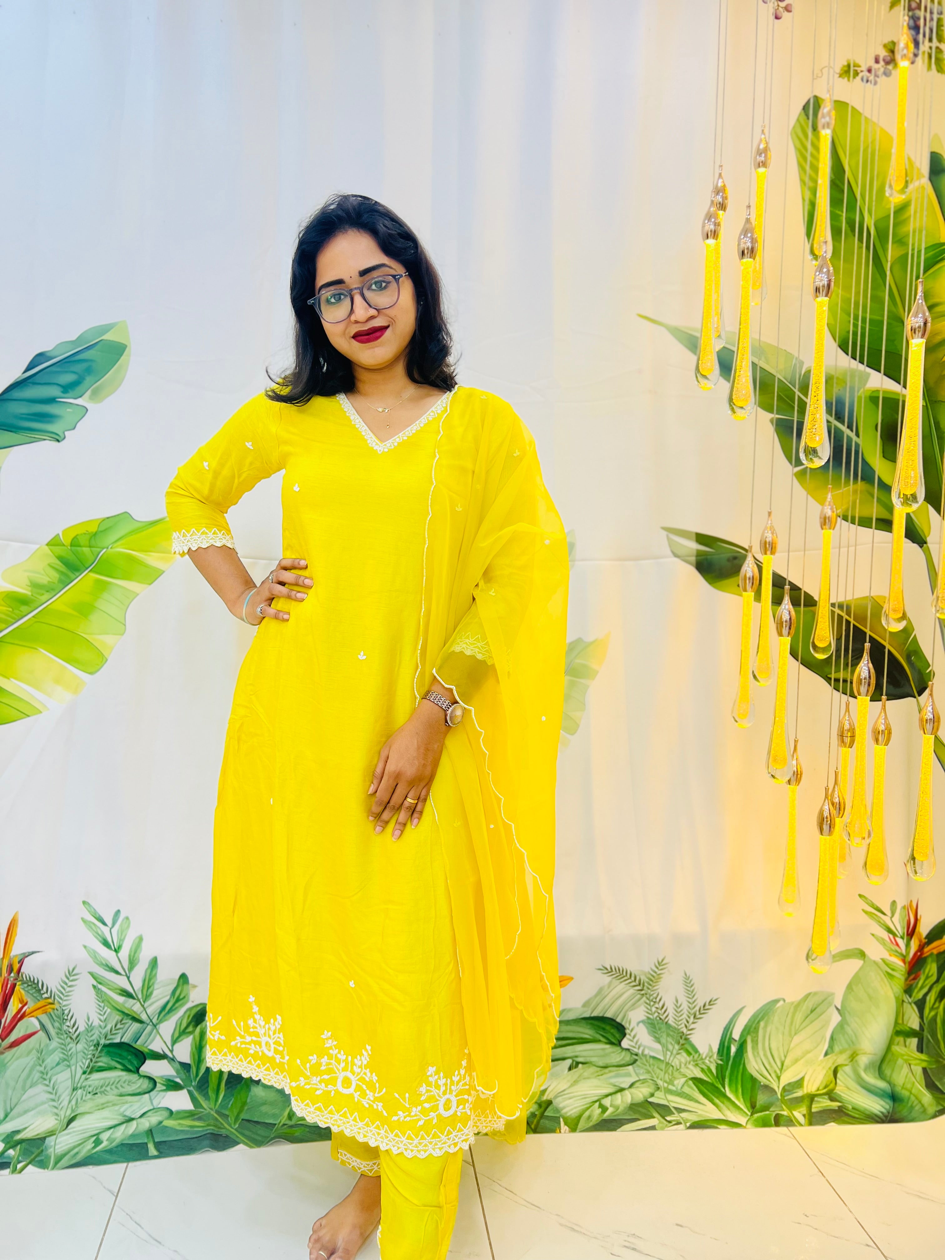 Yellow A-line Dress With White pearl’s Handwork