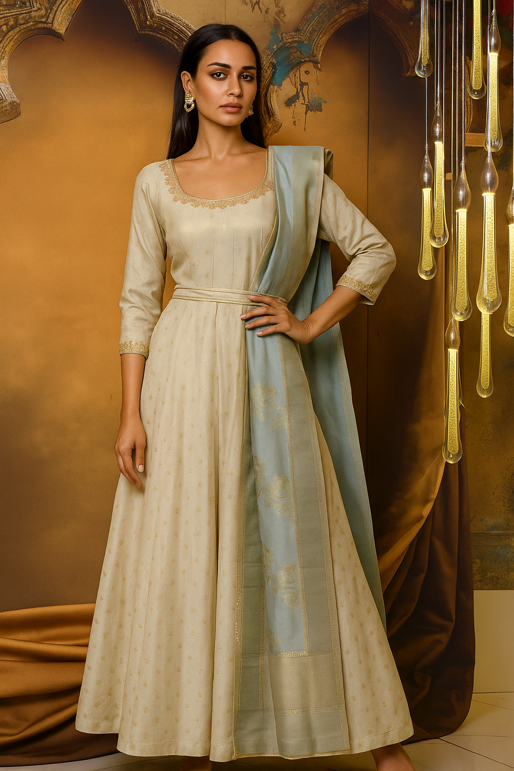 Regal Ivory Anarkali with Sky Blue Dupatta