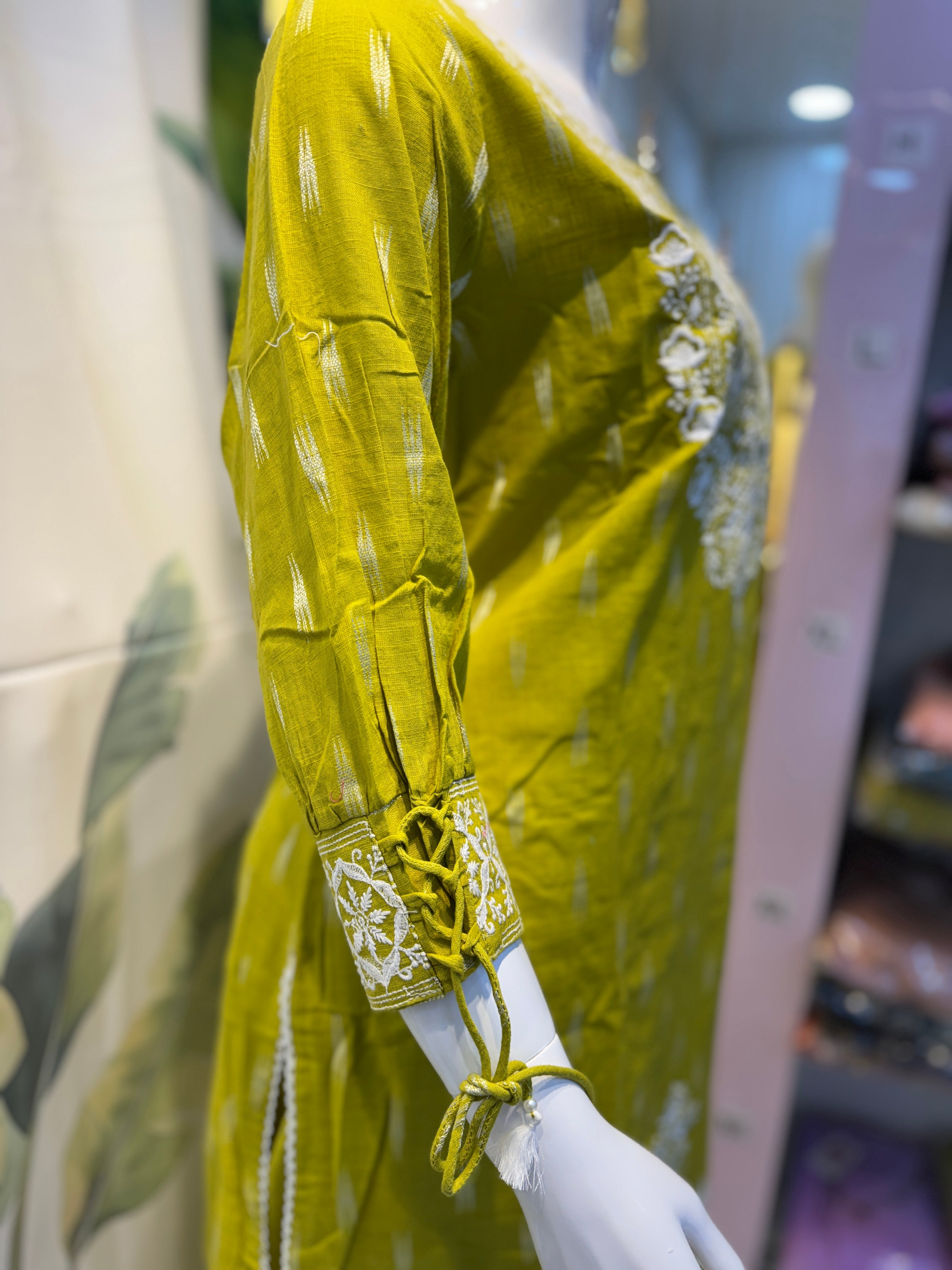 Lime Green Embroidered Cotton Kurta Set