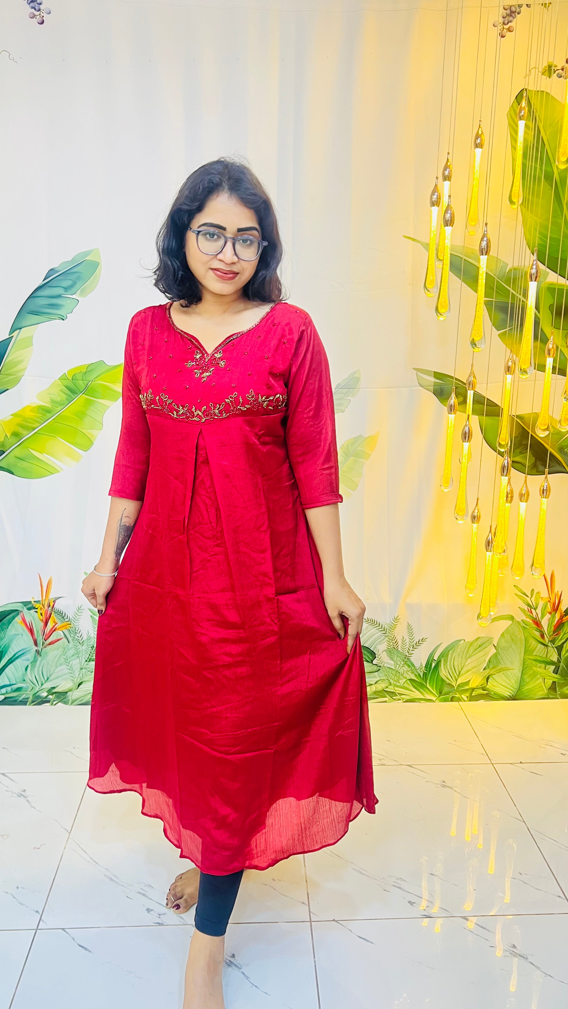 Brick Red Georgette bead work A-line kurti