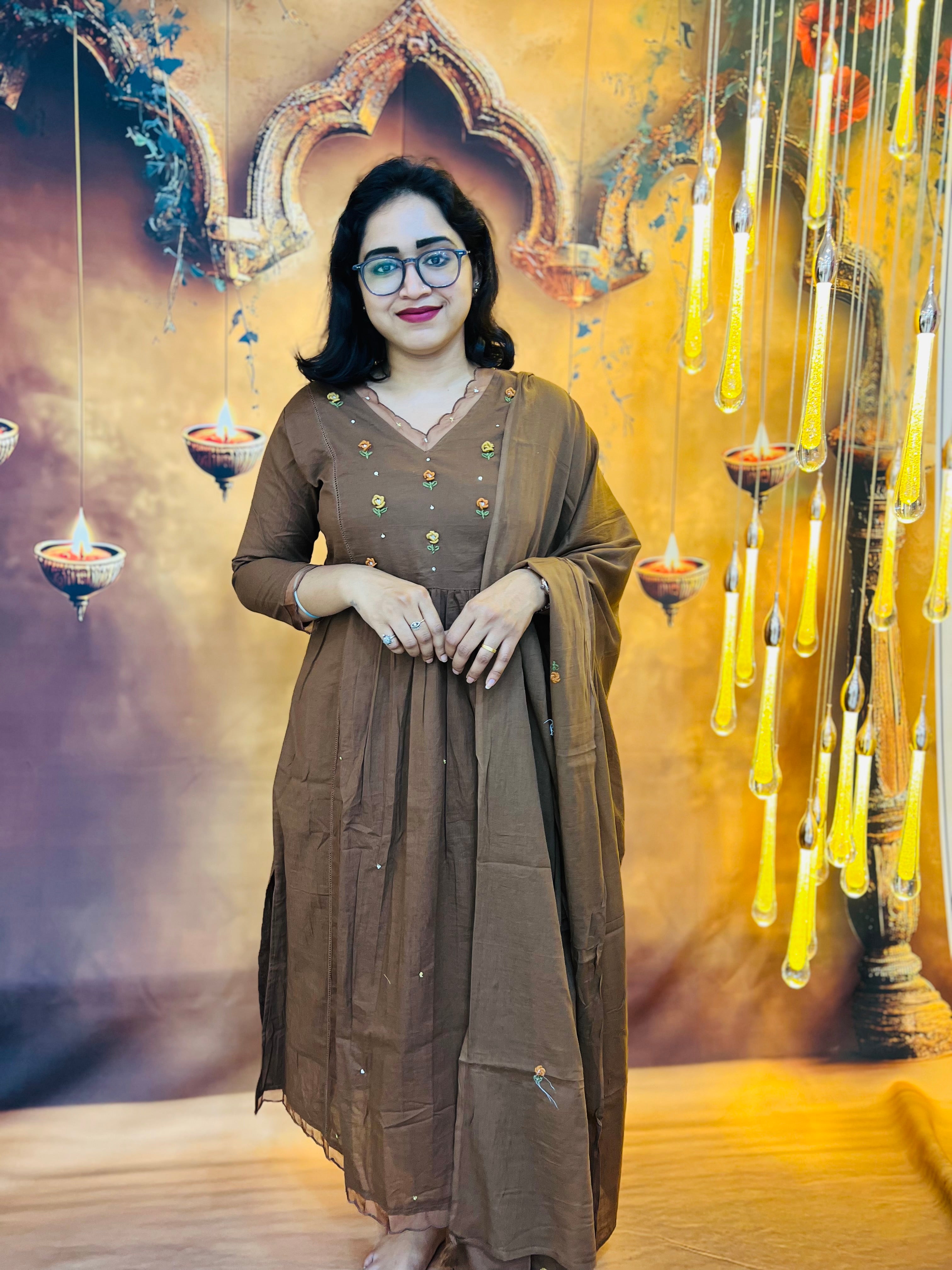 Mocha Brown Grace Embroidered Kurti Set