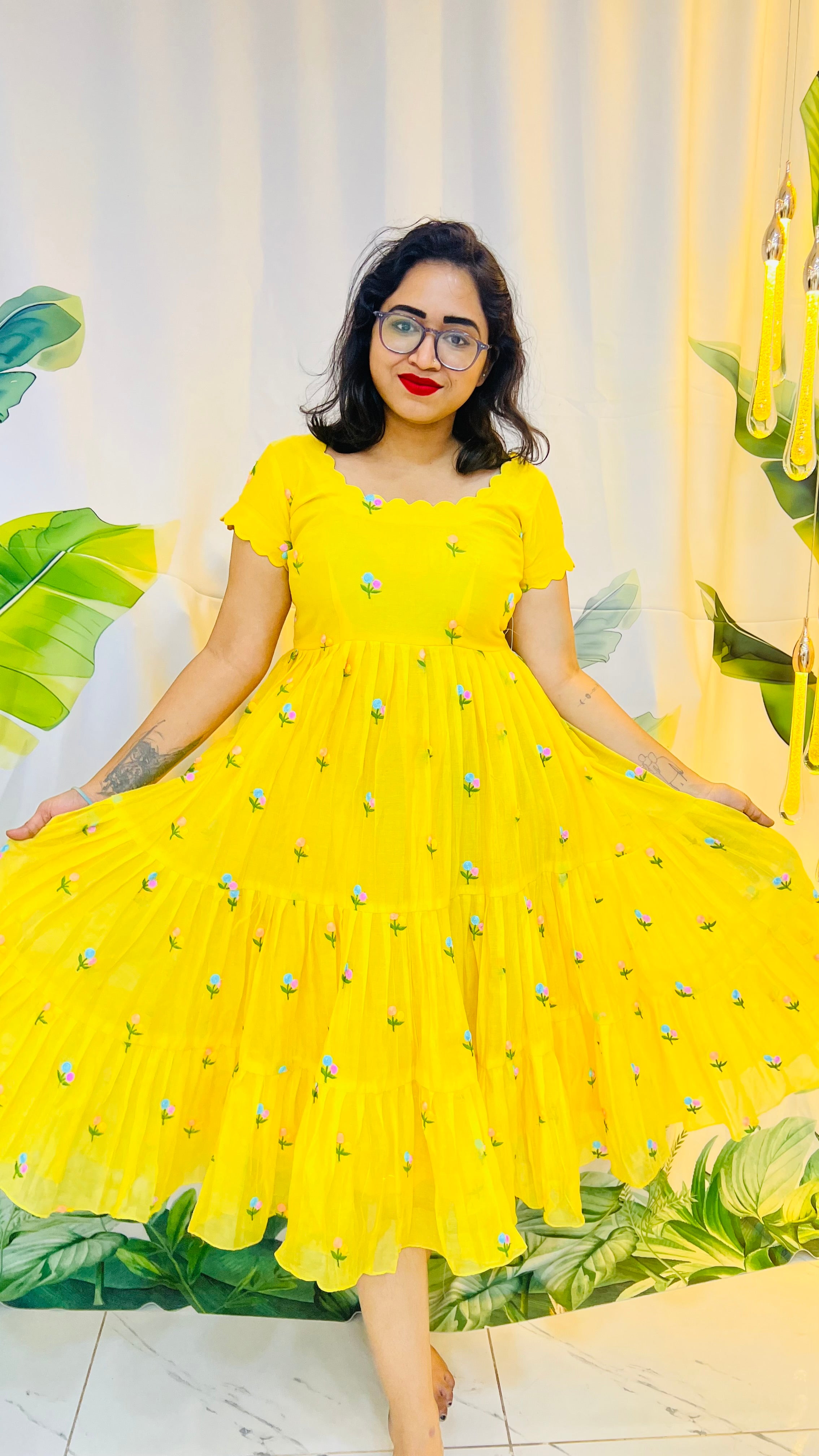 Mul chanderi yellow frock