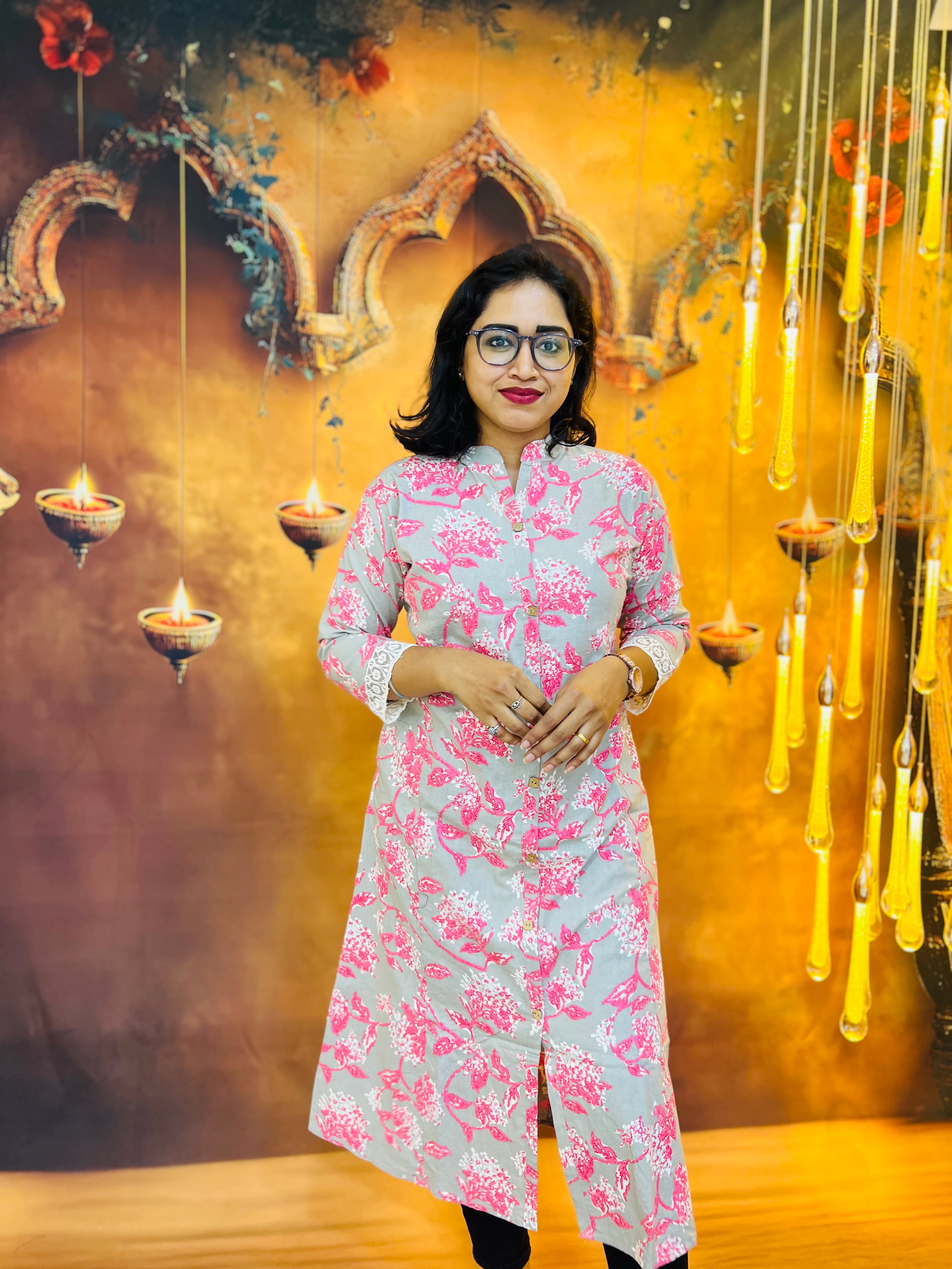 Grey Bloom Cotton Kadhi Kurti