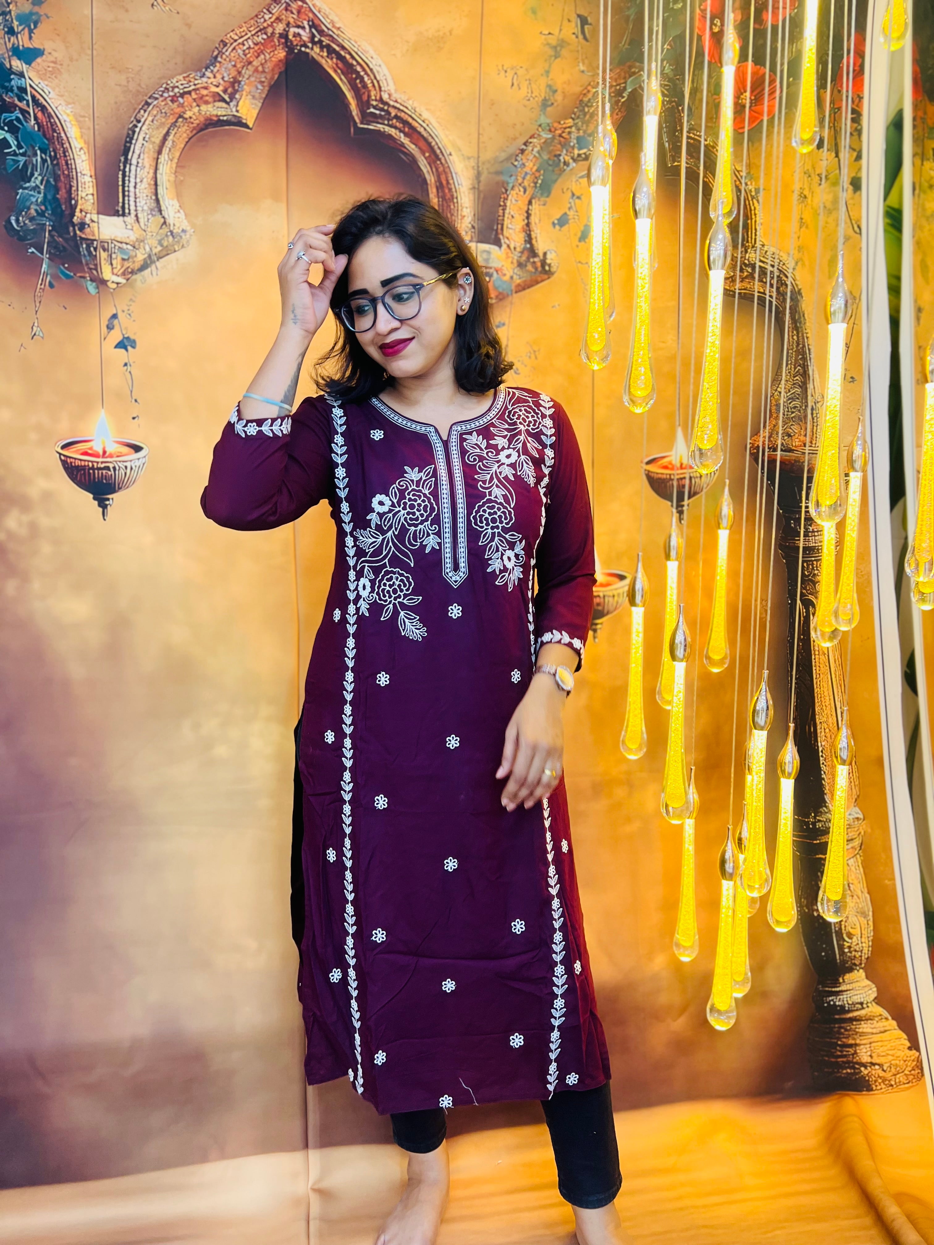 Dark Purple Floral Embroidered Kurti