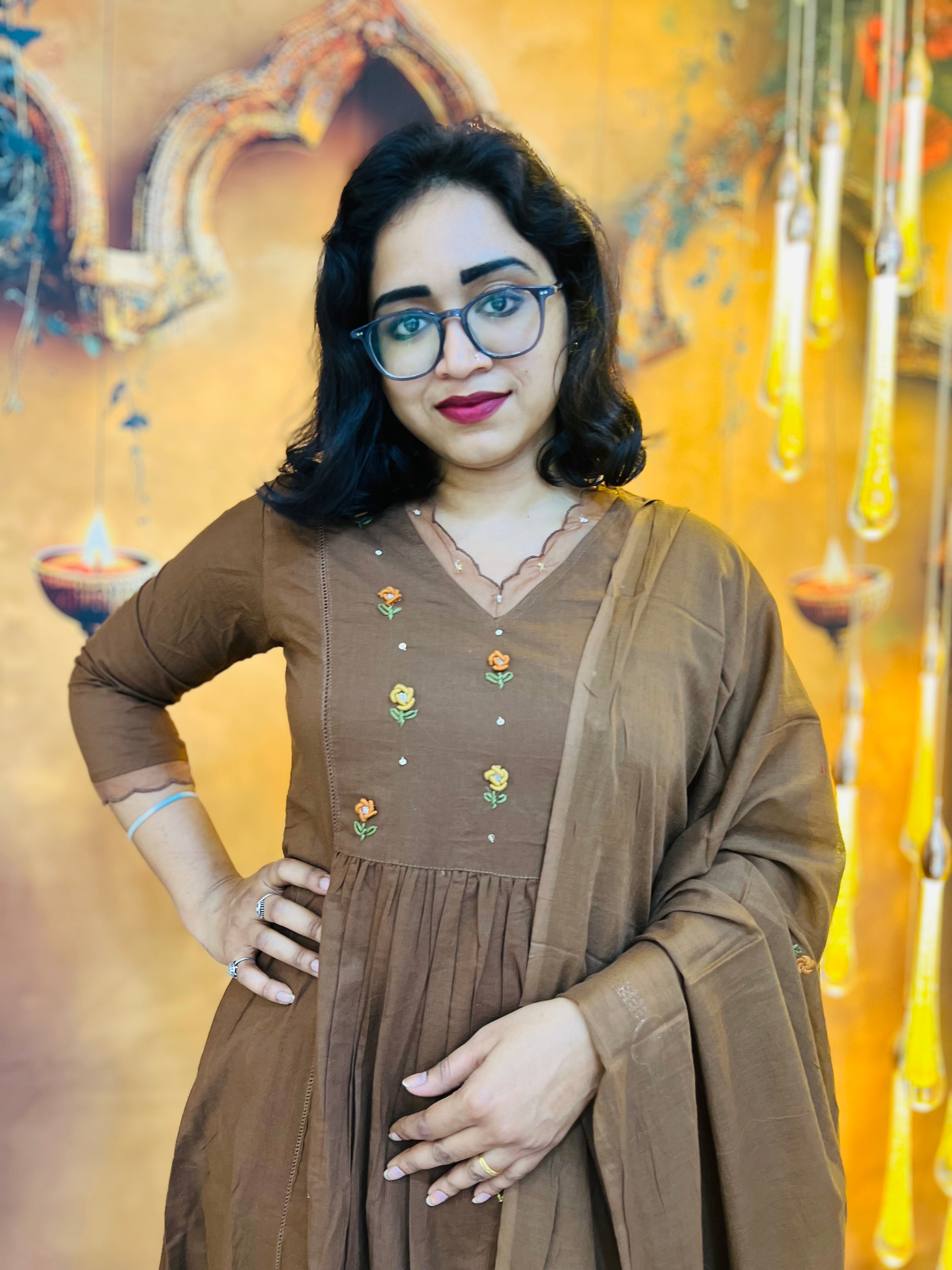 Mocha Brown Grace Embroidered Kurti Set