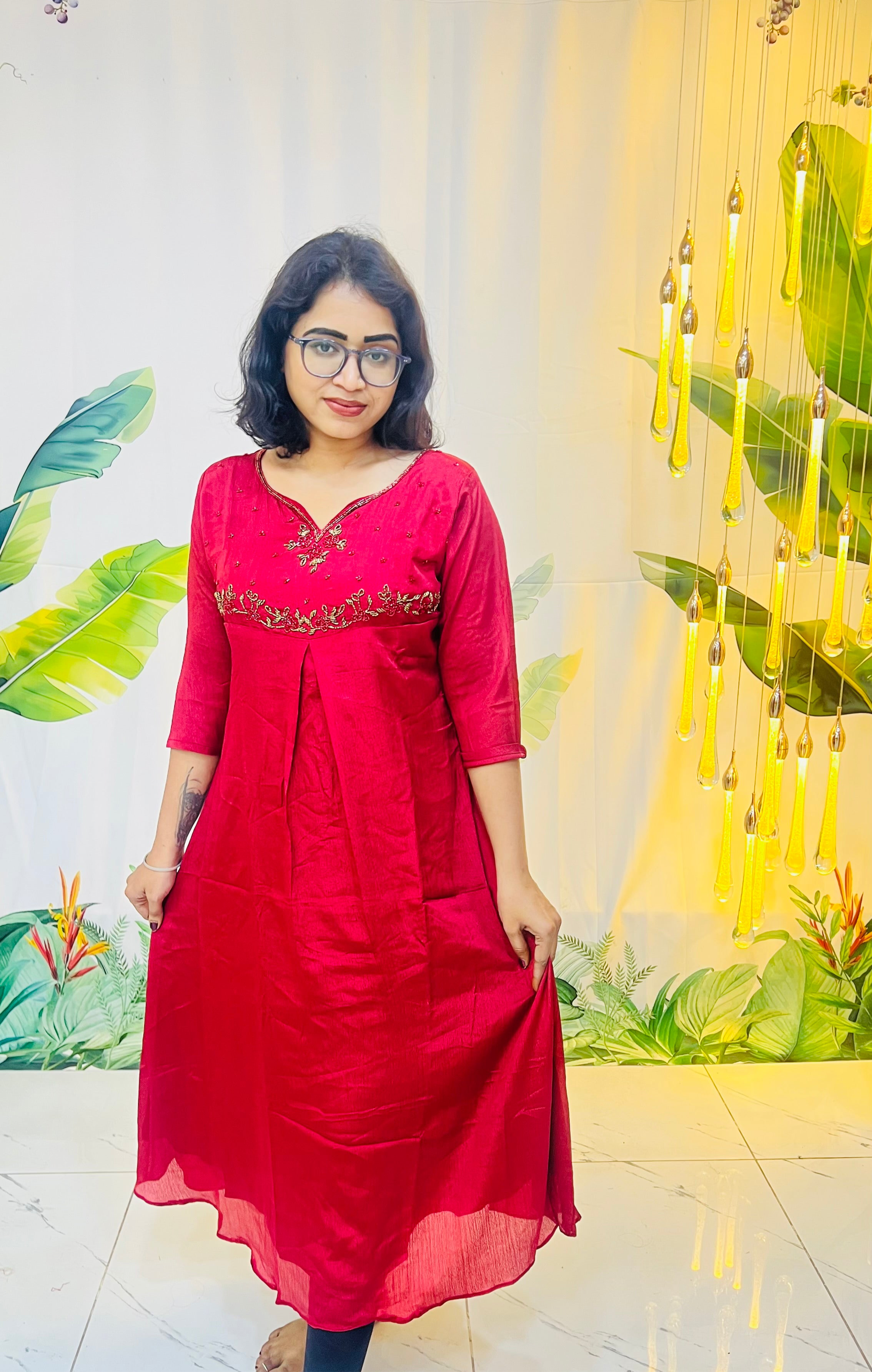 Brick Red Georgette bead work A-line kurti