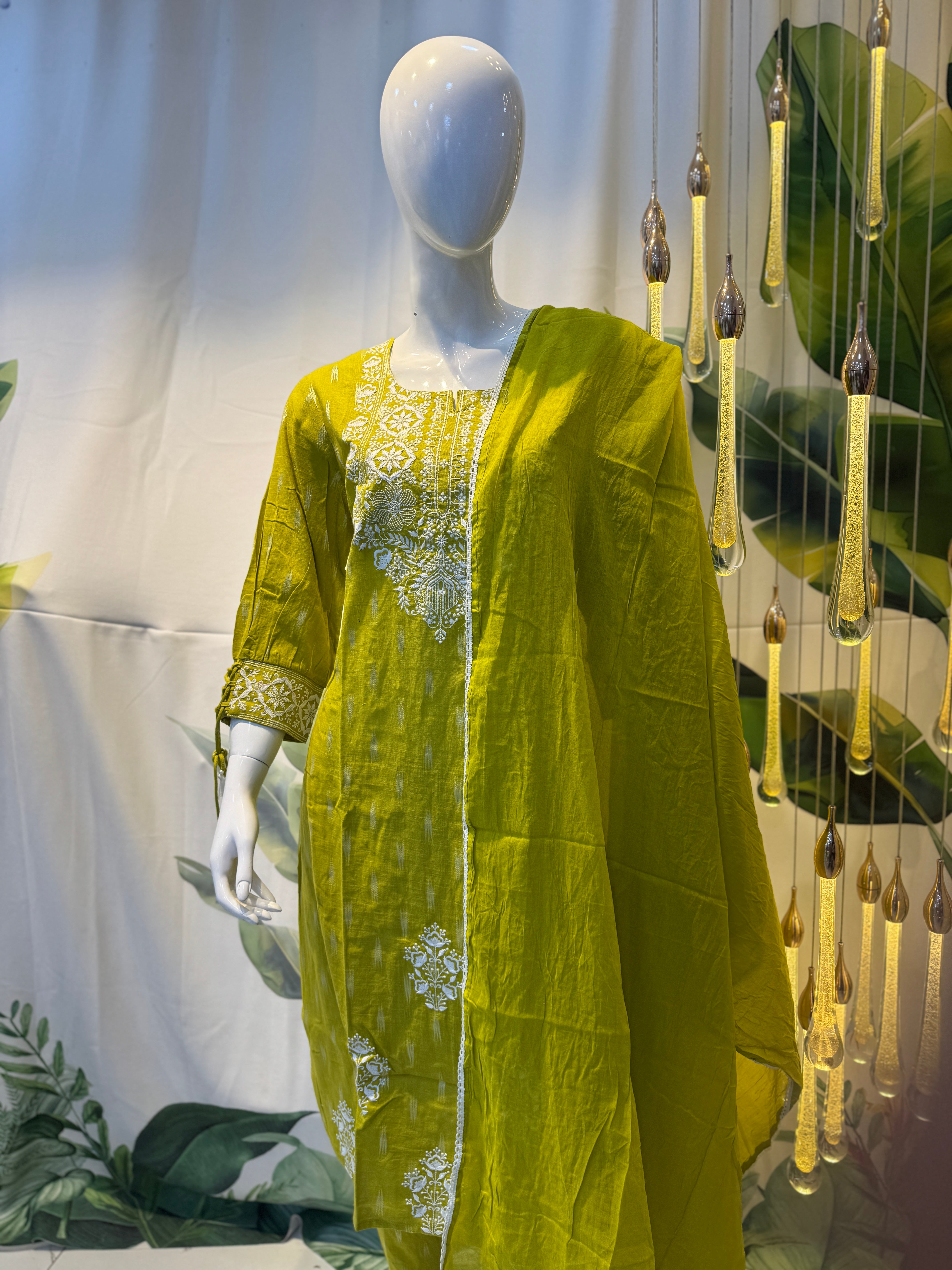 Lime Green Embroidered Cotton Kurta Set